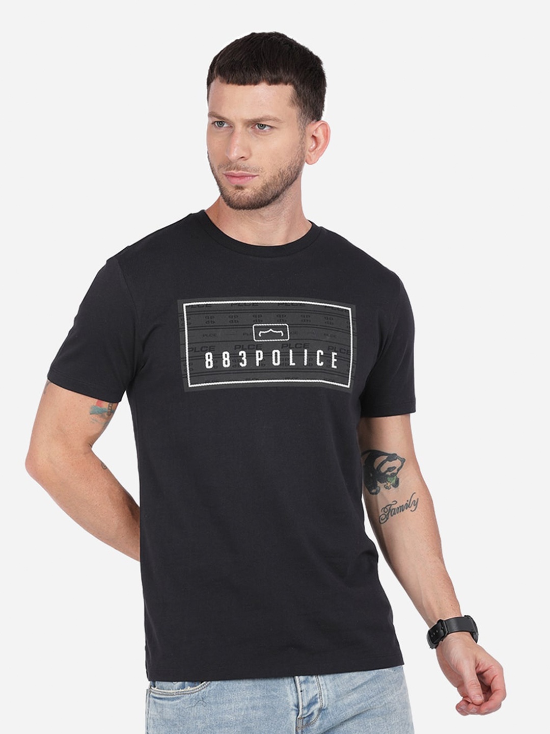 883 Police Men Black Printed T-shirt