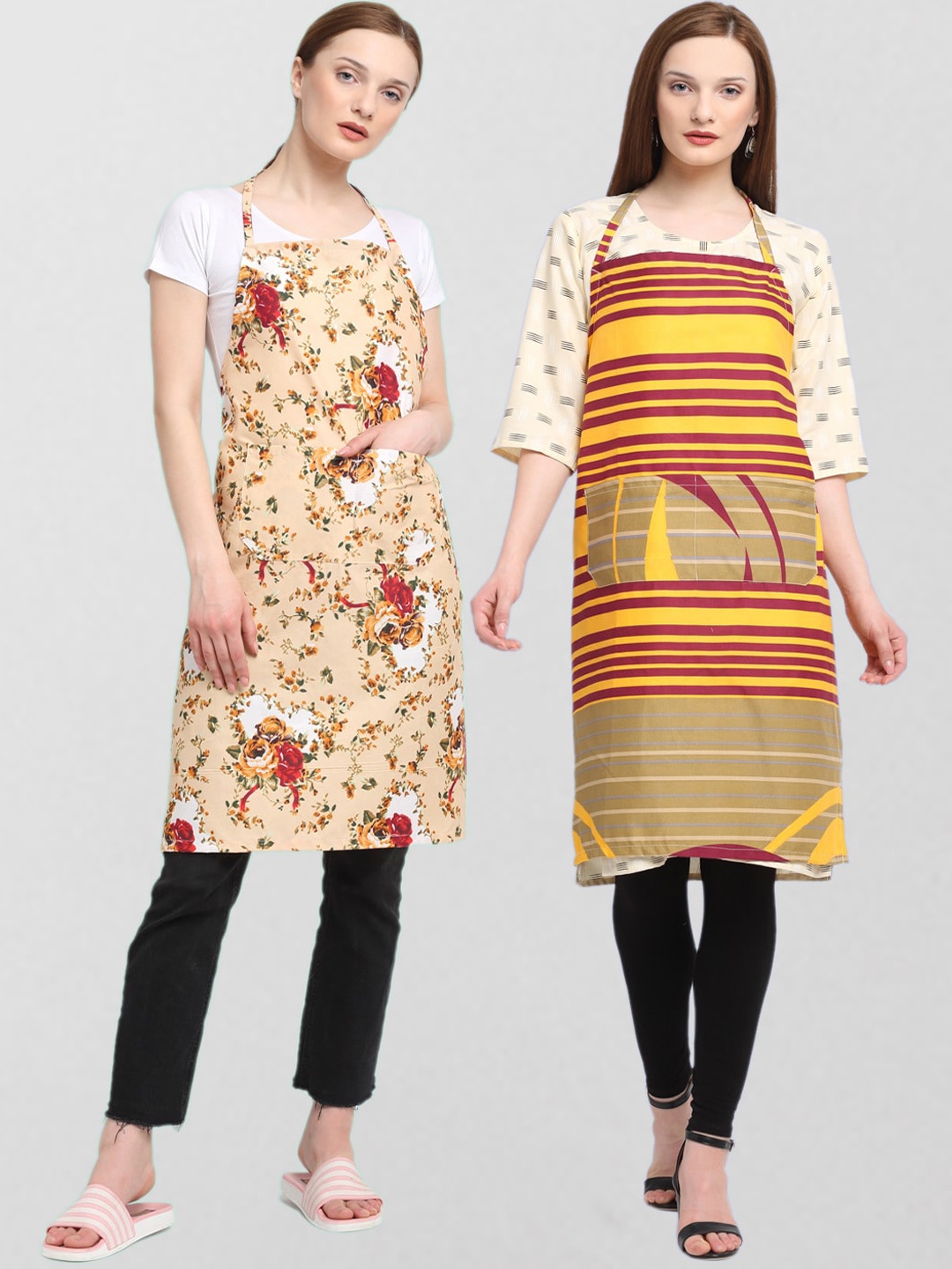 KLOTTHE Unisex Pack Of 2 Printed 210 TC Cotton Aprons, Yellow