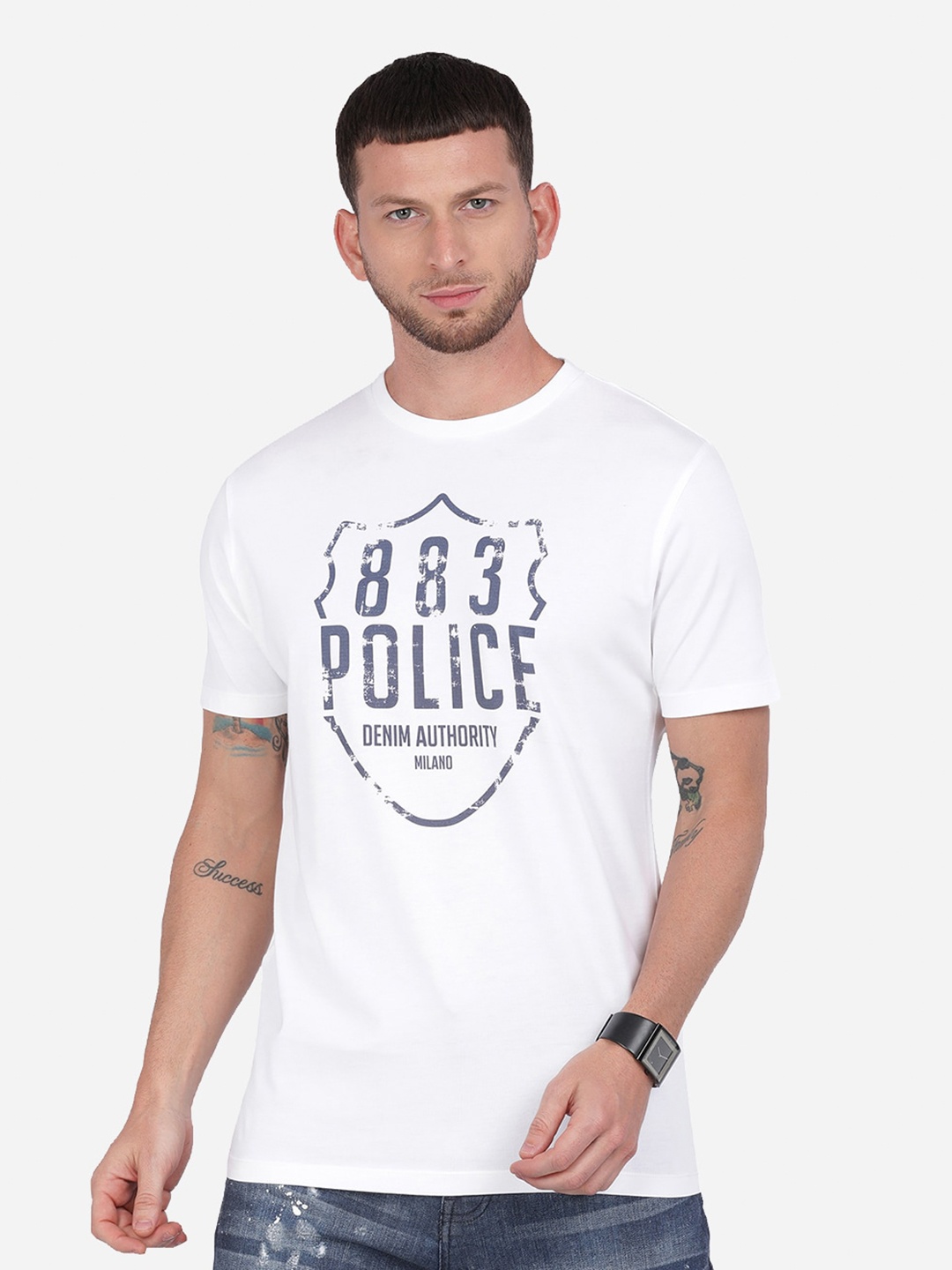 883 Police Men White Typography Printed Applique T-shirt