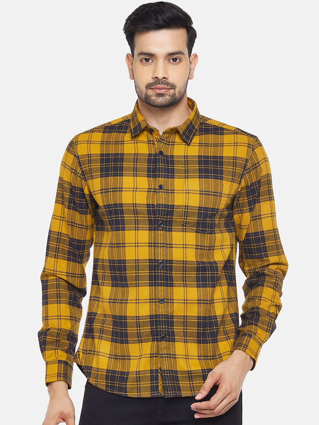 People Men Yellow Slim Fit Tartan Checks Checked Casual Shirt