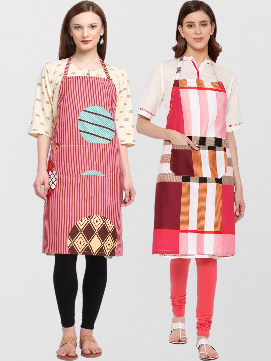 KLOTTHE Pack Of 2 Printed 210 TC Cotton Aprons, Red