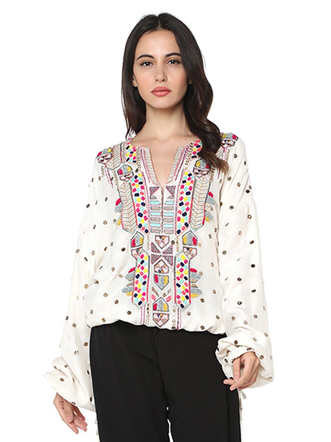 PS PRET BY PAYAL SINGHAL Off White & Pink Geometric Embroidered Pure Silk A-Line Top
PS PRET BY PAYAL SINGHAL Off White & Pink Geometric Embroidered Pure Silk A-Line Top