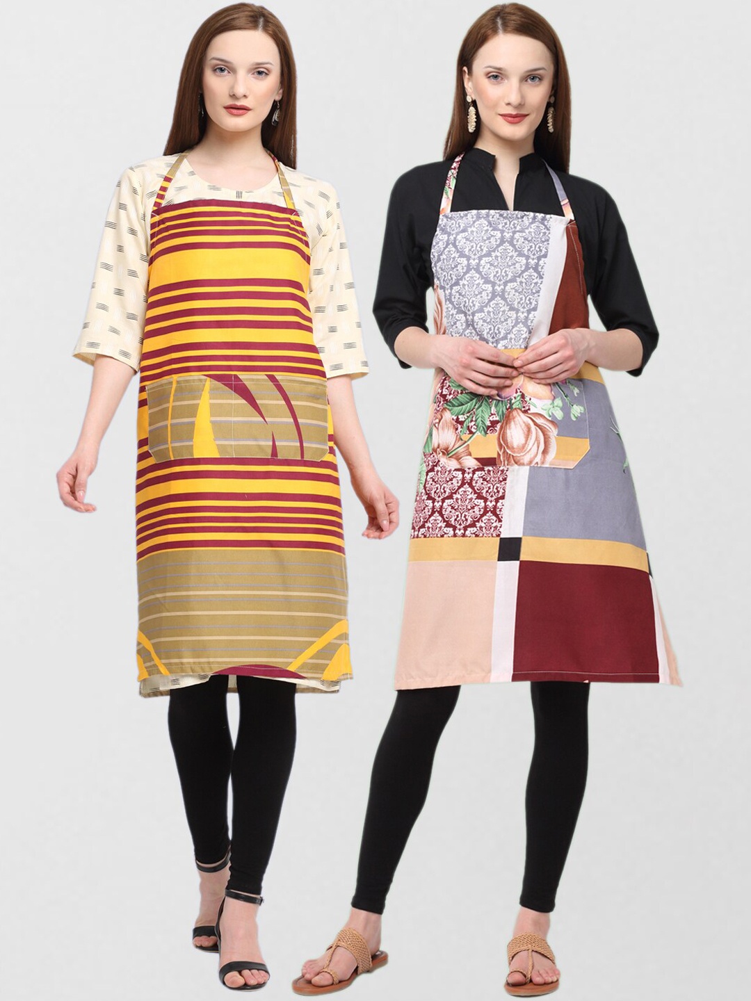 KLOTTHE Unisex Pack Of 2 Printed 210 TC Cotton Aprons, Yellow