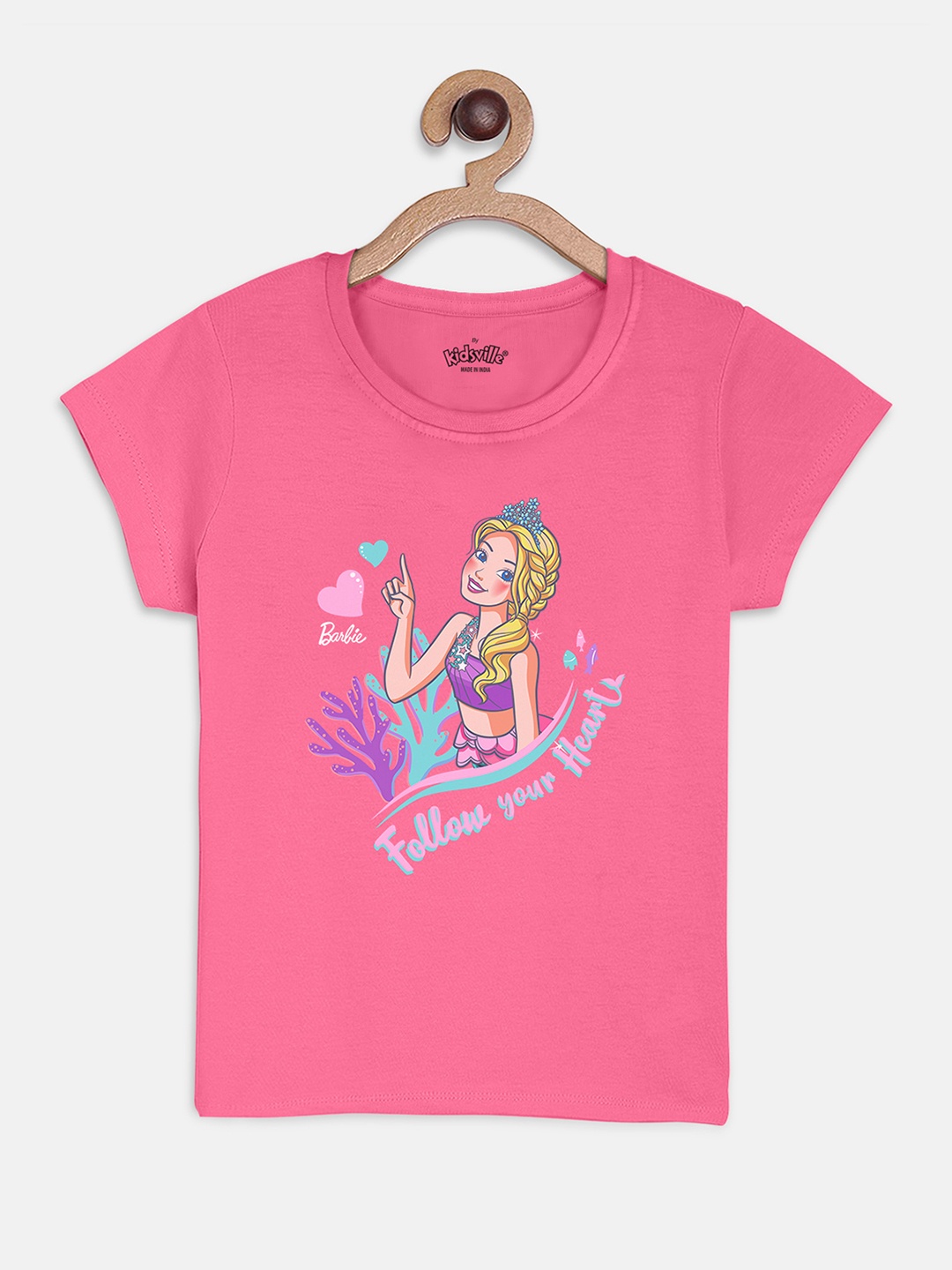 Kids Ville Girls Pink Barbie Printed Cotton Pure Cotton T-shirt