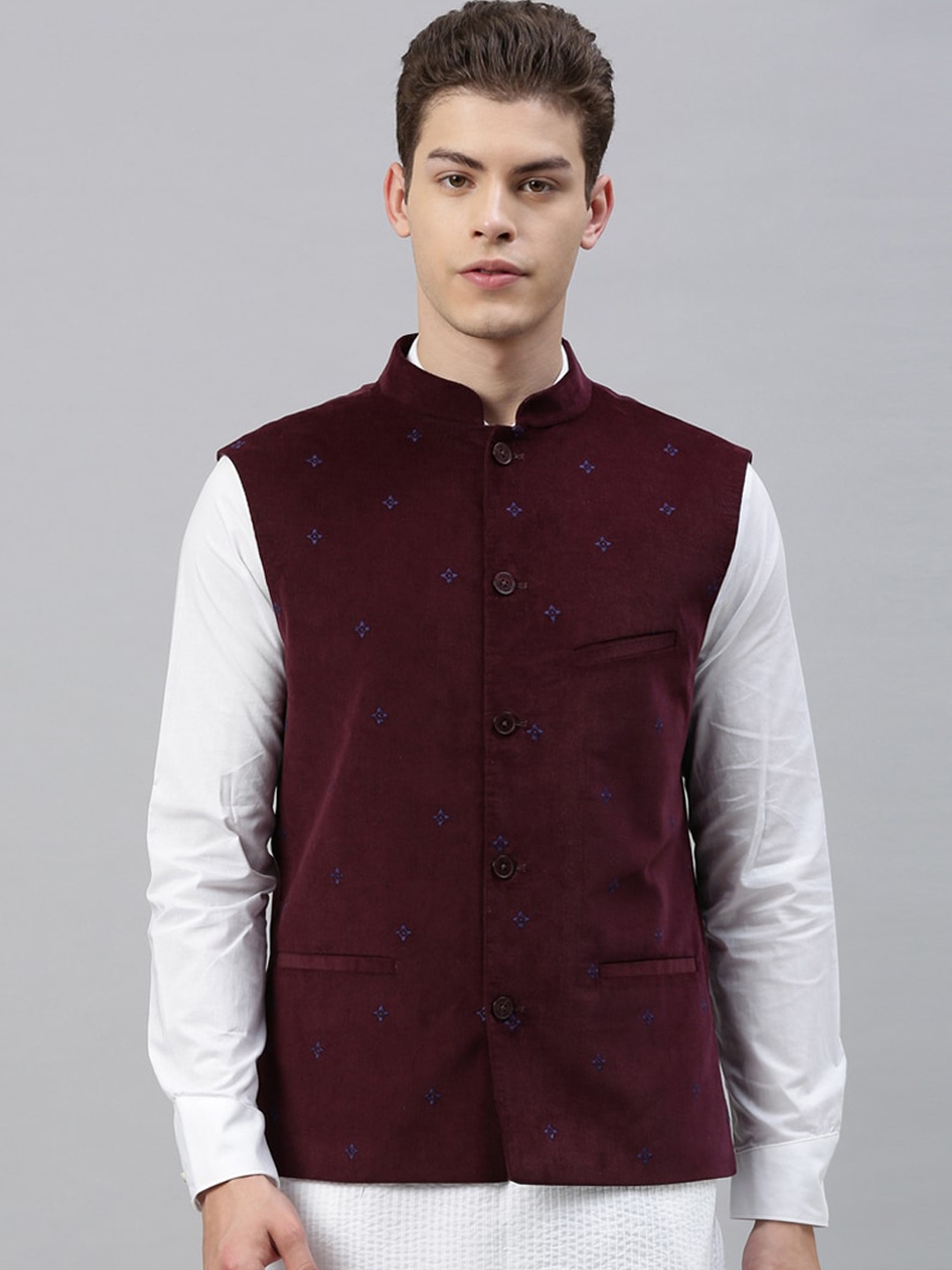 RARE RABBIT Men Burgundy Printed Pure Cotton Corduroy Nehru Jacket