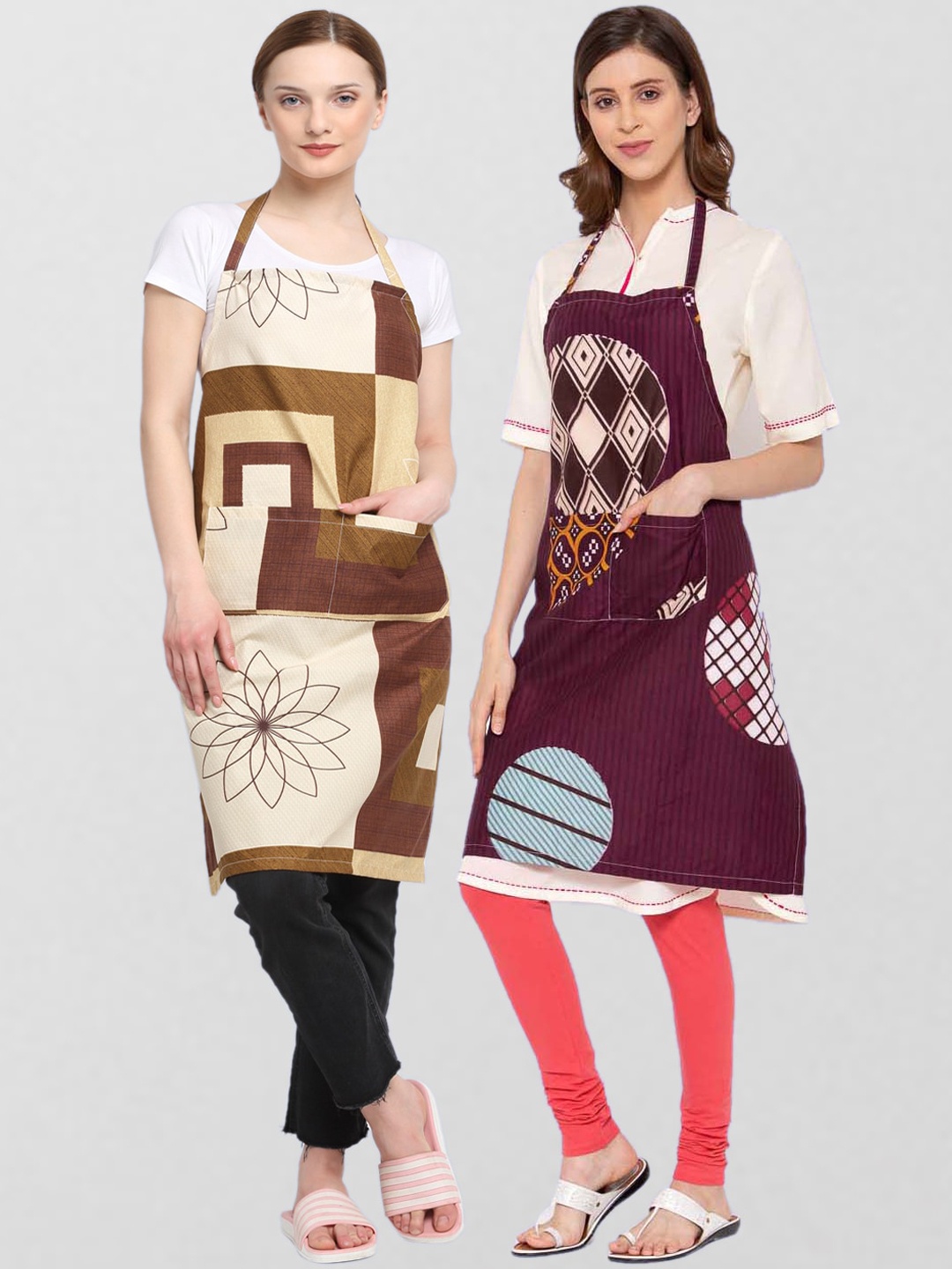 KLOTTHE Unisex Pack Of 2 Printed 210 TC Cotton Aprons, Beige