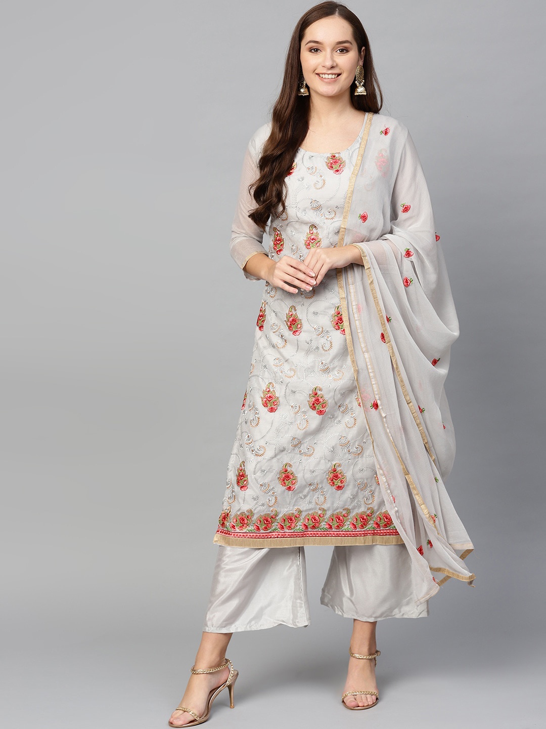 Ishin Women Grey Floral Embroidered Chanderi Silk Kurta with Palazzos & With Dupatta
Ishin Women Grey Floral Embroidered Chanderi Silk Kurta with Palazzos & With Dupatta