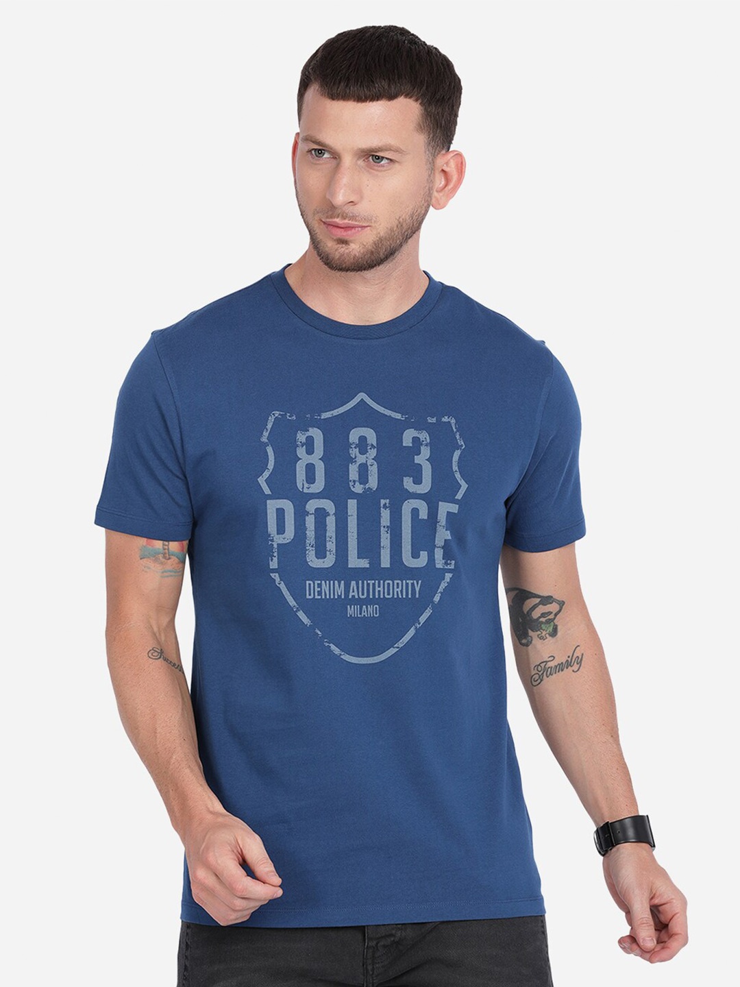 883 Police Men Navy Blue Typography Printed T-shirt