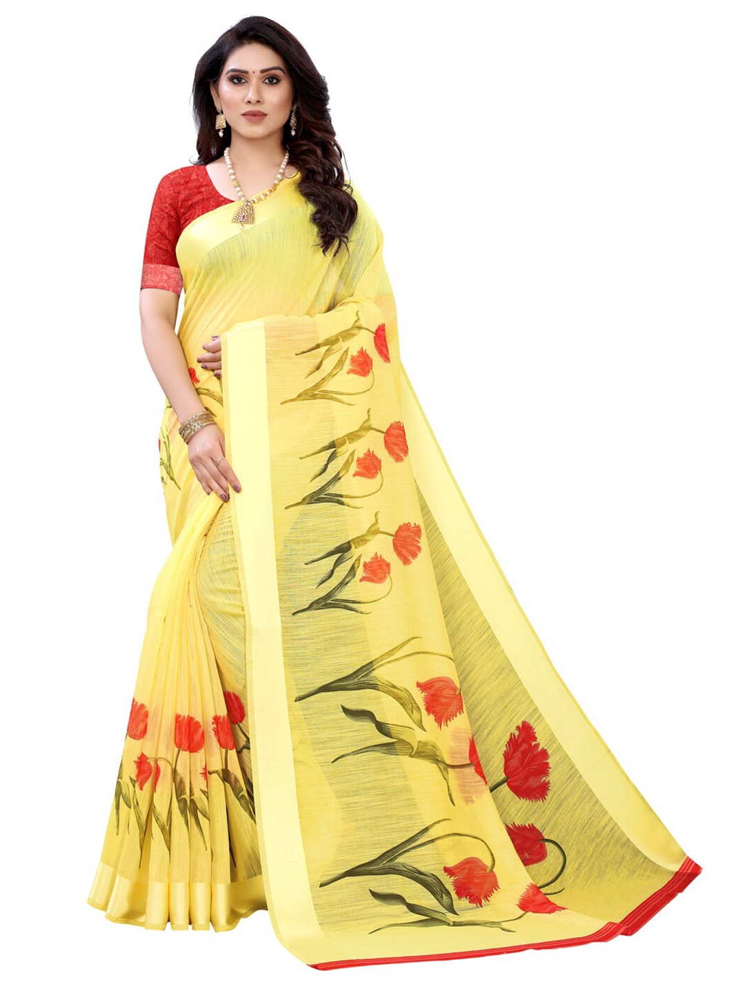 KALINI Yellow & Red Floral Saree