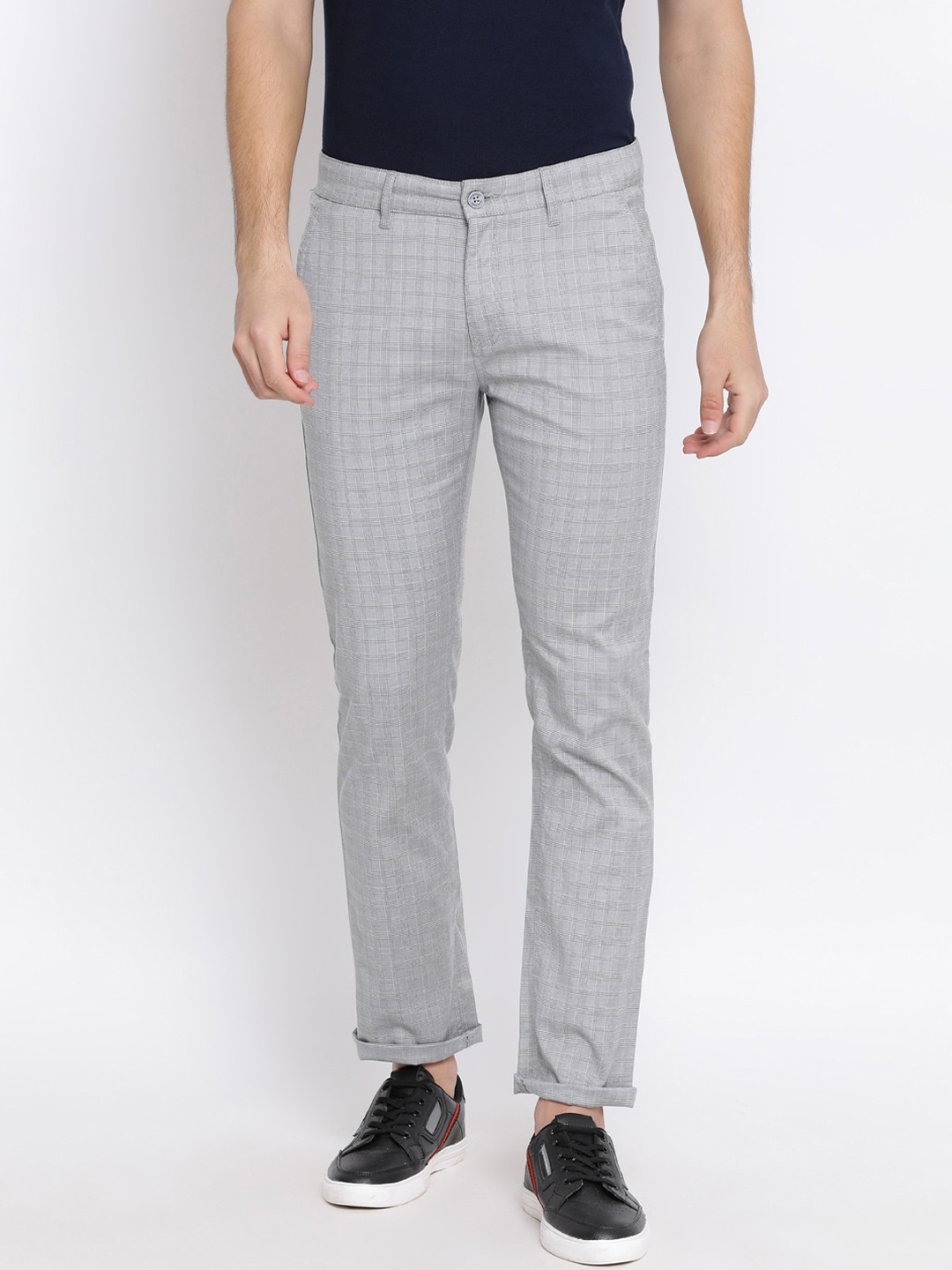 Crimsoune Club Men Grey Checked Slim Fit Cotton Trousers