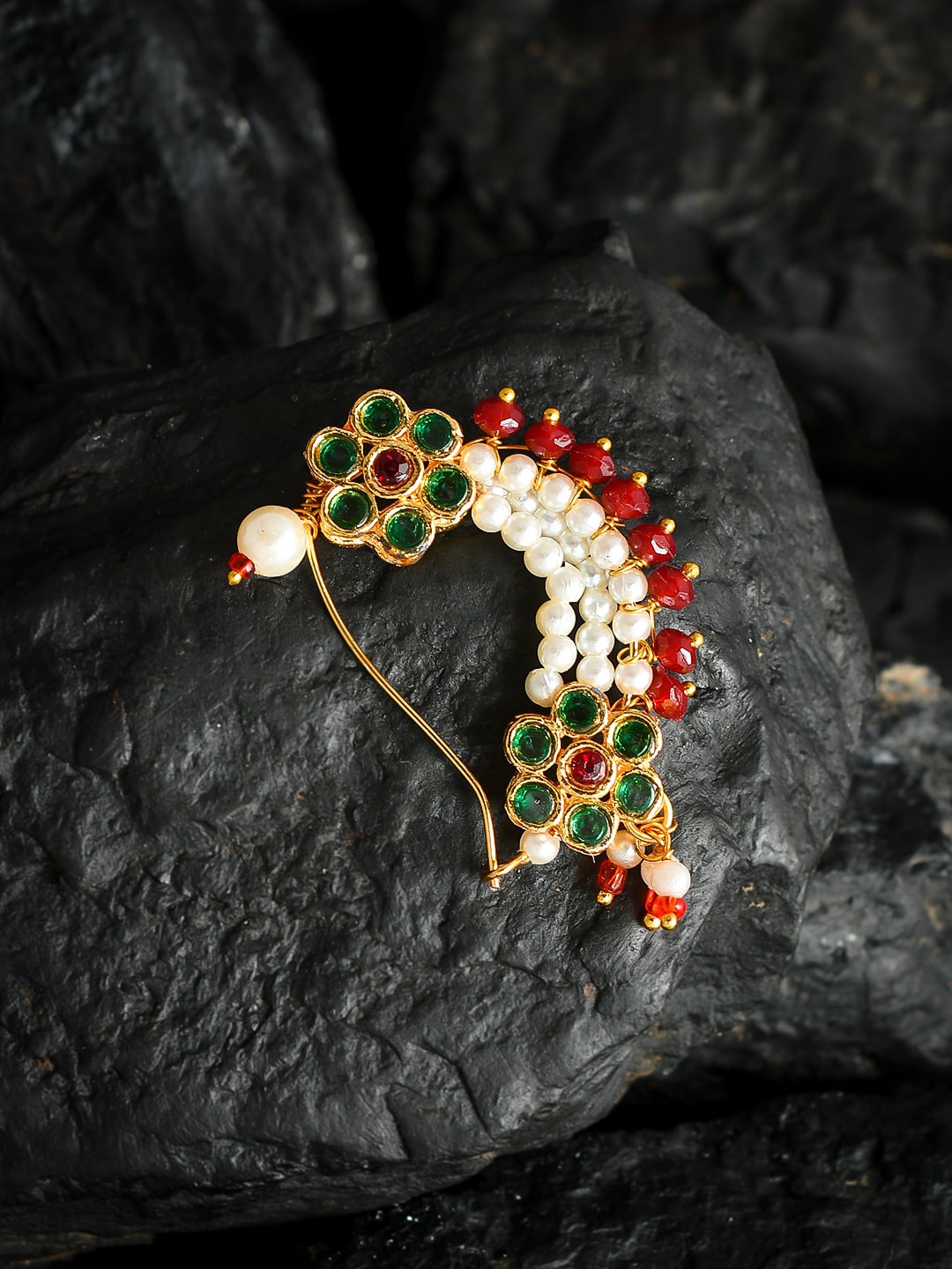 Silvermerc Designs Gold-Plated Red Pearls-Studded Meenakari Marathi Nose Ring