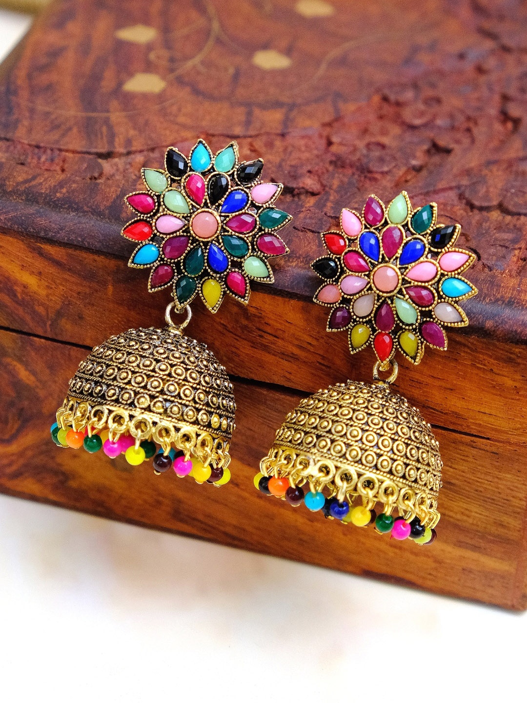 Crunchy Fashion, Oxidized German Gold-Plated & Multicolour, Dome Shaped Jhumka Earrings
Crunchy Fashion, Oxidized German Gold-Plated & Multicolour, Dome Shaped Jhumka Earrings