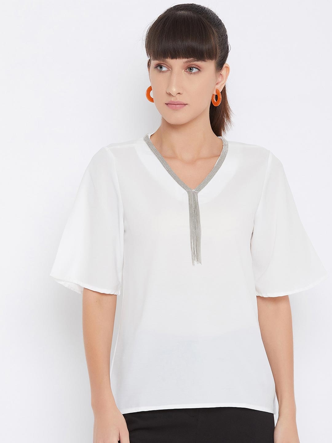 Octave Women White Embellished Flared Sleeve Chiffon Regular Top