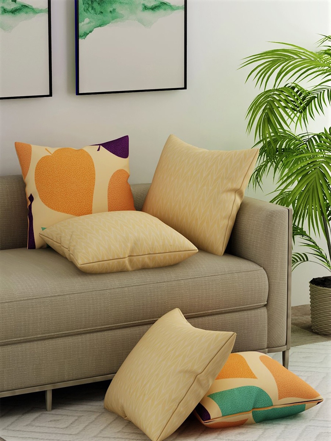 Salona Bichona Yellow & Green Set of 5 Abstract Square Cushion Covers