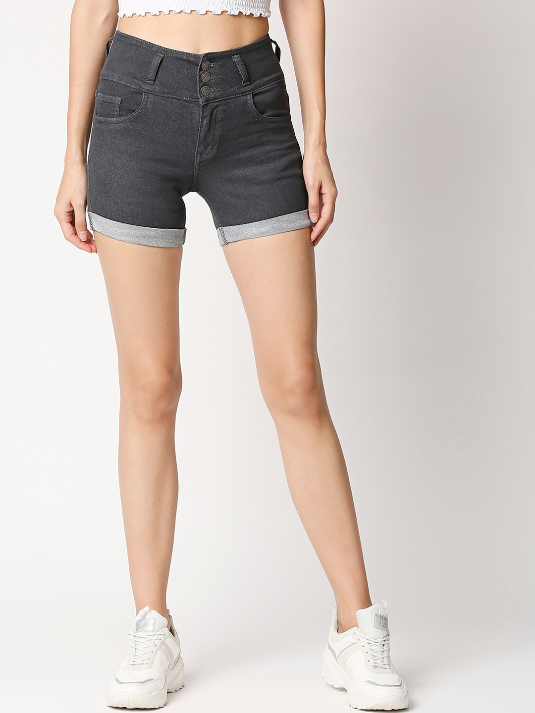 High Star Women Grey Mid-Rise Denim Stretchable Shorts