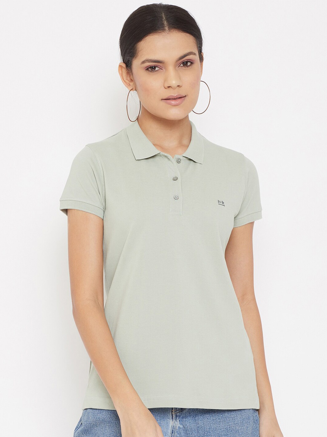 Okane Women Green Polo Collar T-shirt