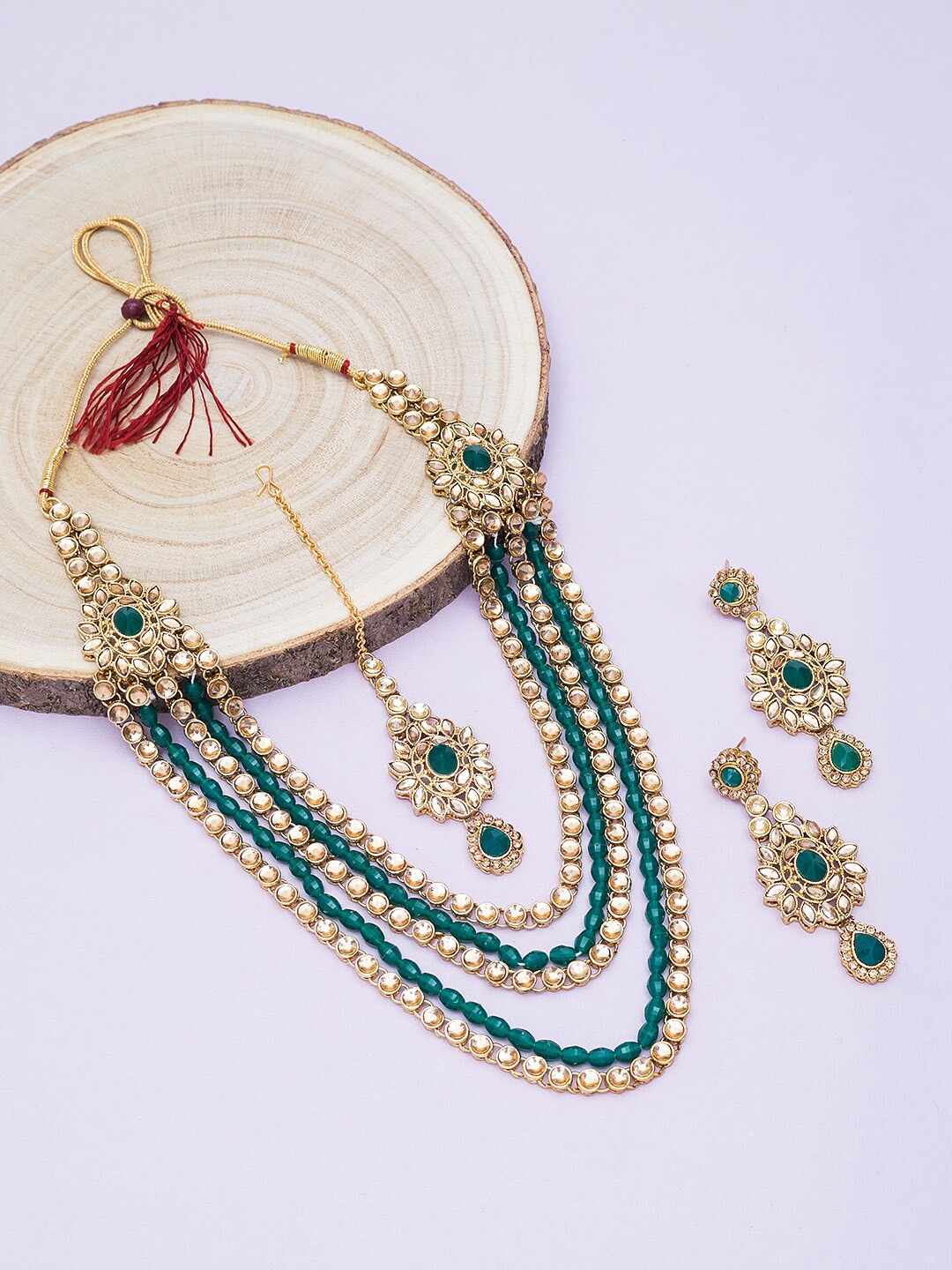 Golden Peacock Gold-Plated Green & Beige Kundan-Studded & Beaded Meenakari Jewellery Set