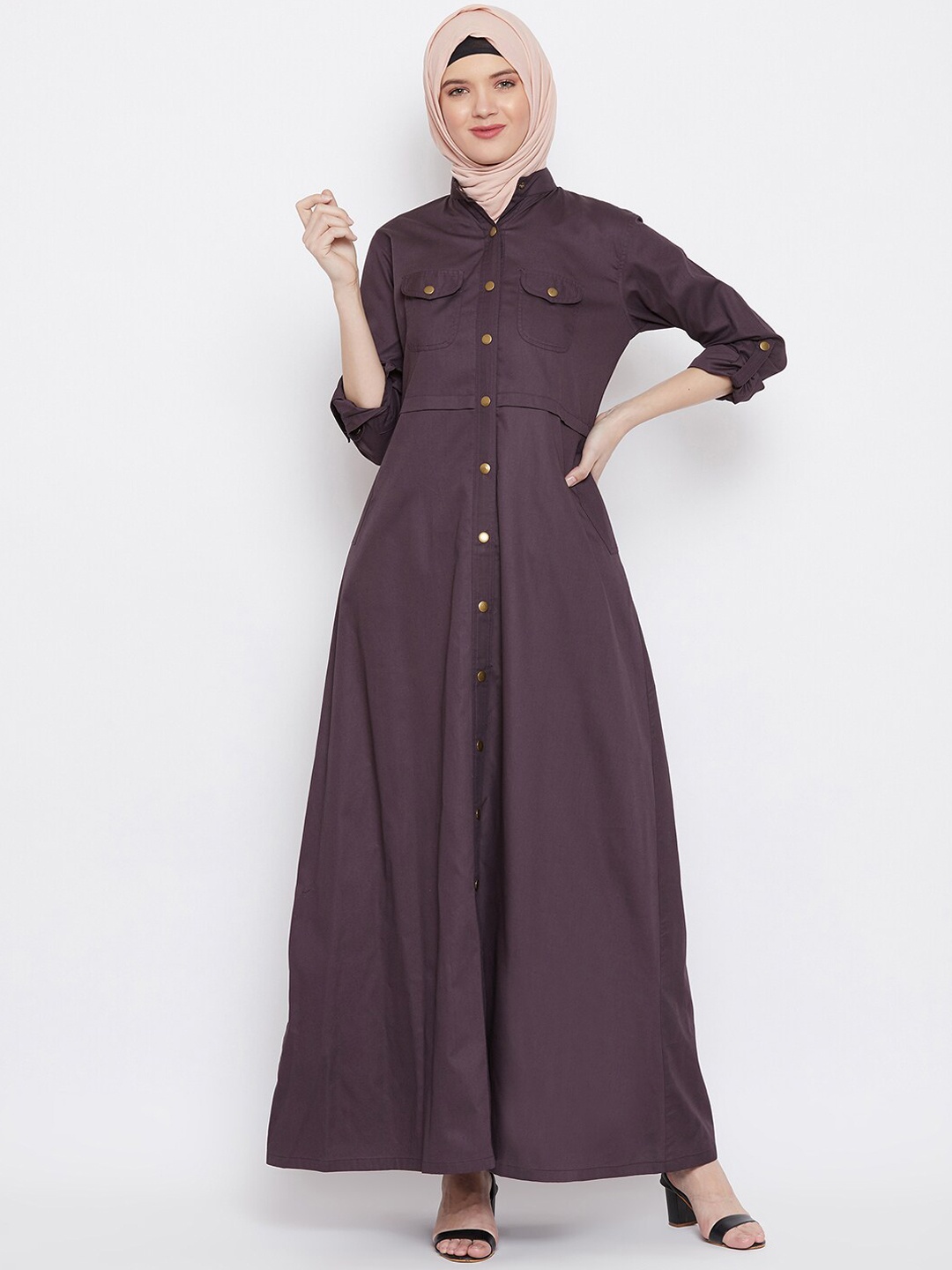 MOMIN LIBAS Women Coffee Brown Twill Front Open Abaya Burqa