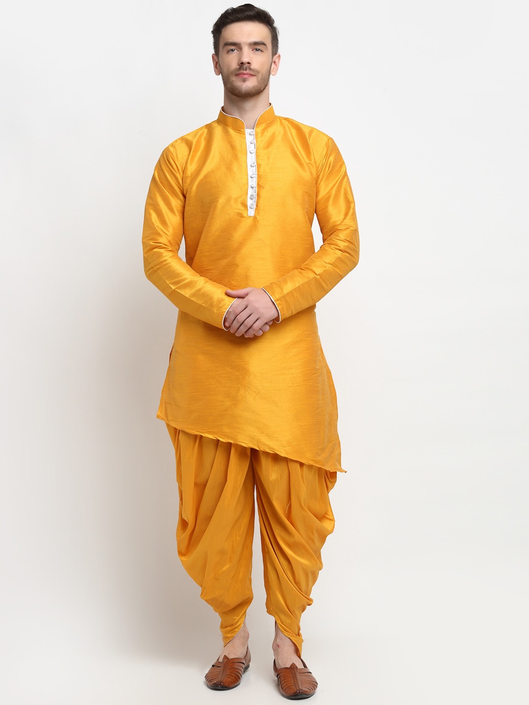 Benstoke Men Yellow Asymmetric Dupion Silk Kurta with Dhoti Pants