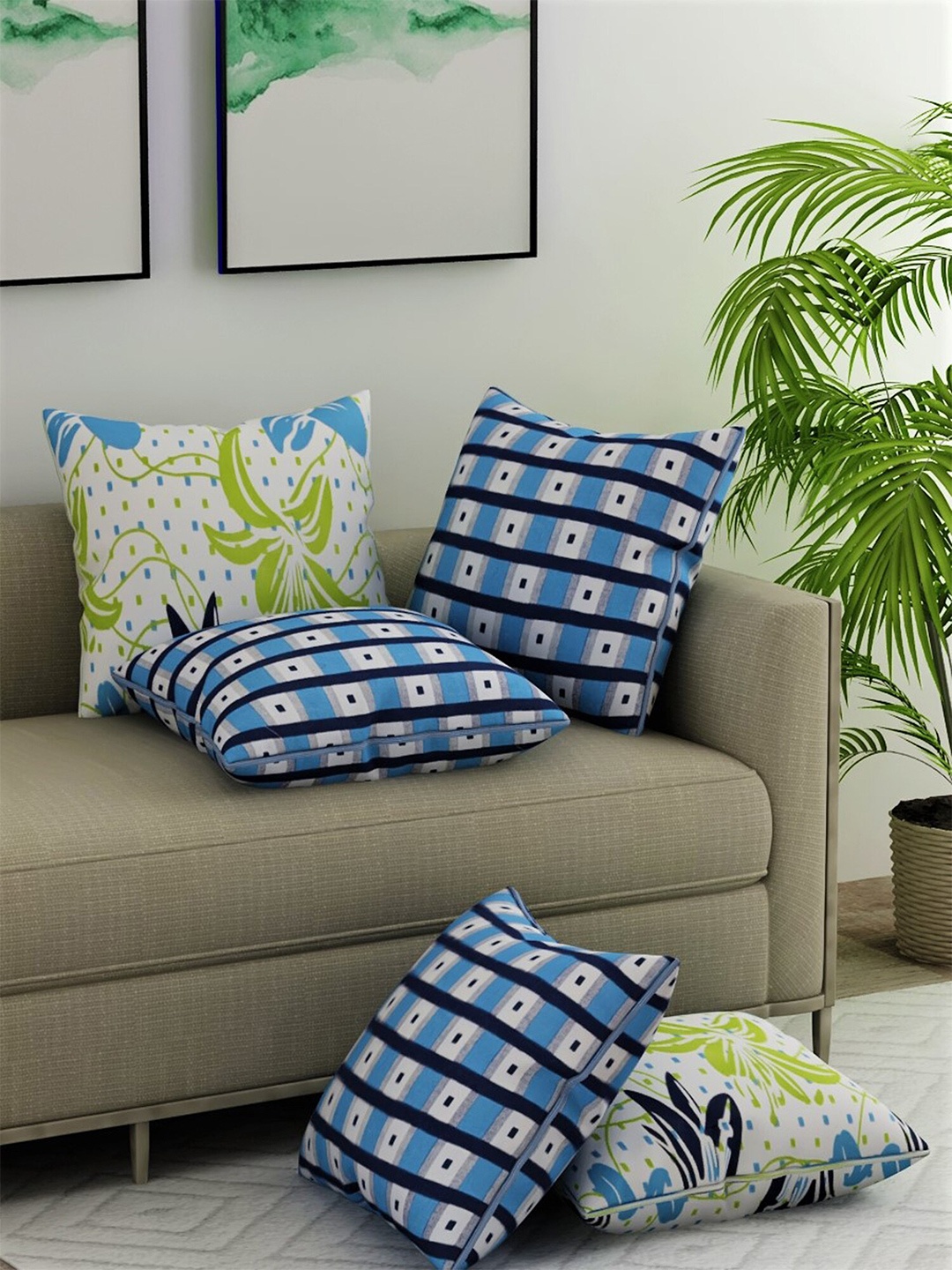 Salona Bichona Blue & White Set of 5 Geometric Satin Square Cushion Covers