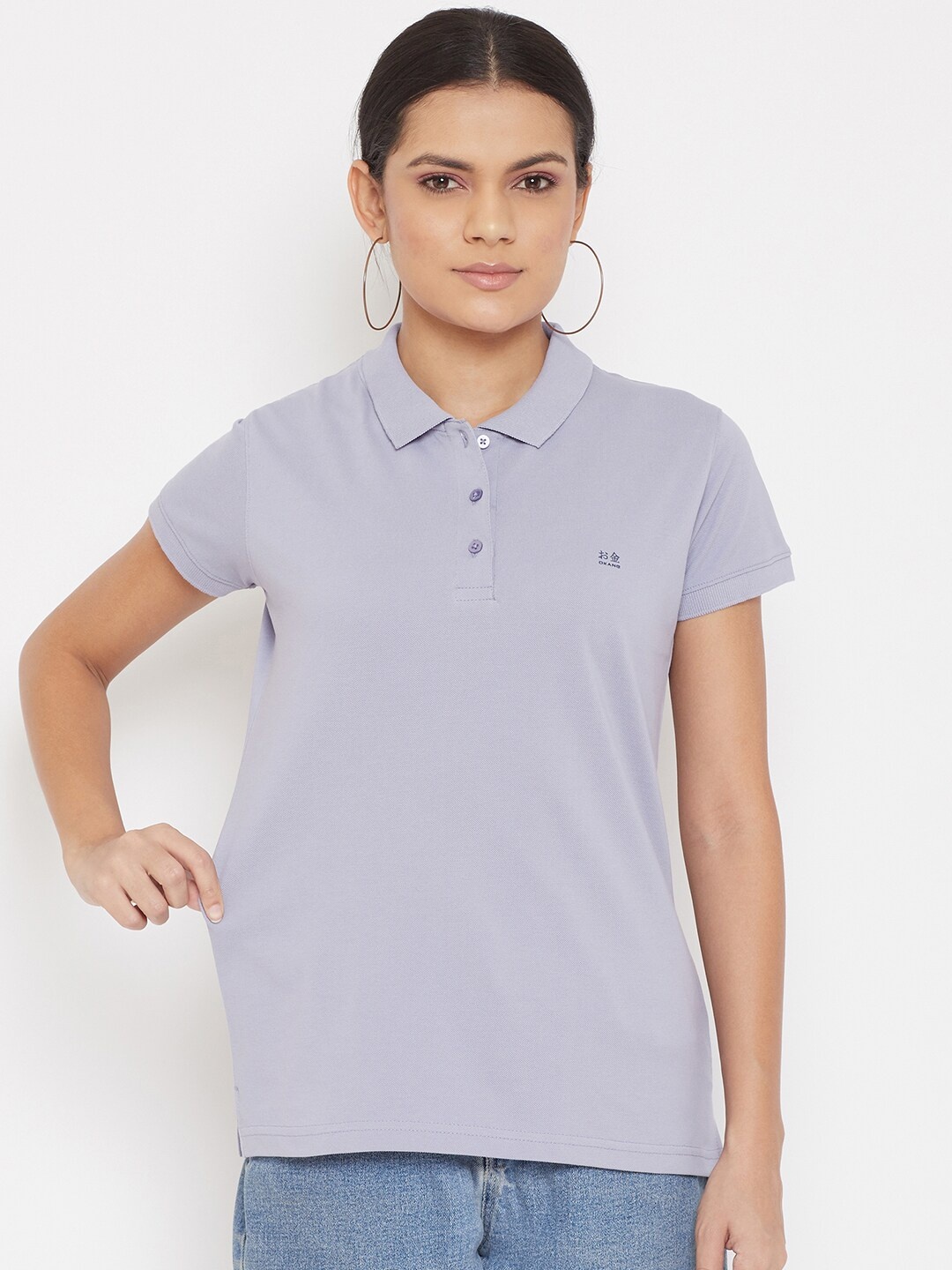 Okane Women Lavender Polo Collar Cotton T-shirt