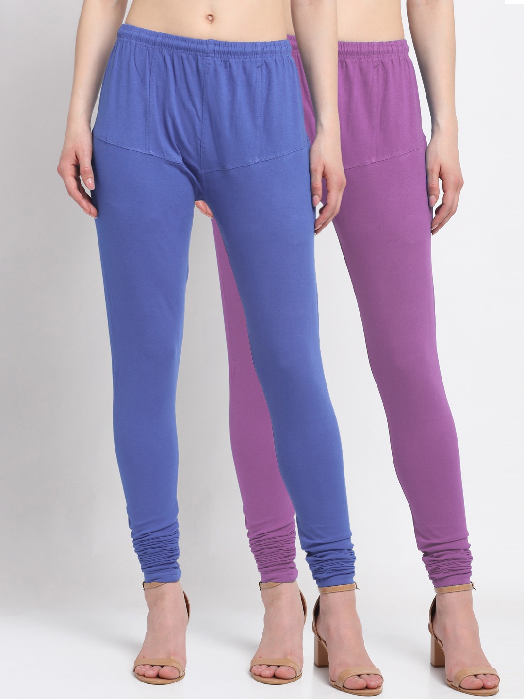 KLOTTHE Women Pack Of 2 Blue & Purple Solid Churidar-Length Cotton Leggings