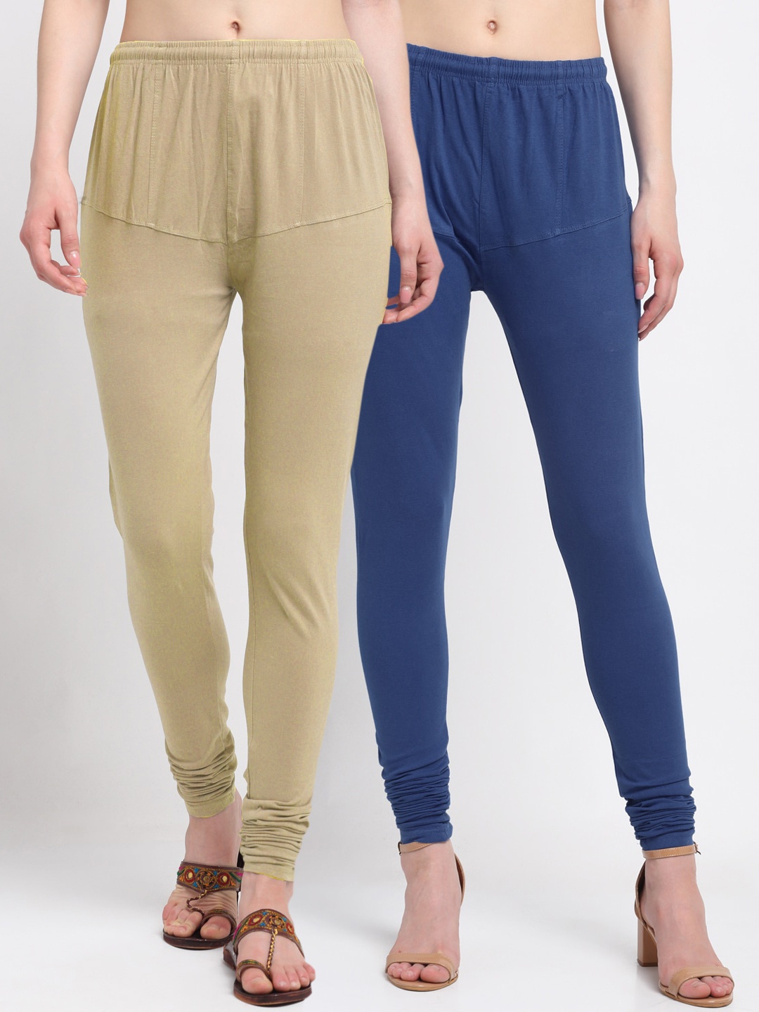 KLOTTHE Women Pack Of 2 Solid Churidar-Length Cotton Leggings, Blue