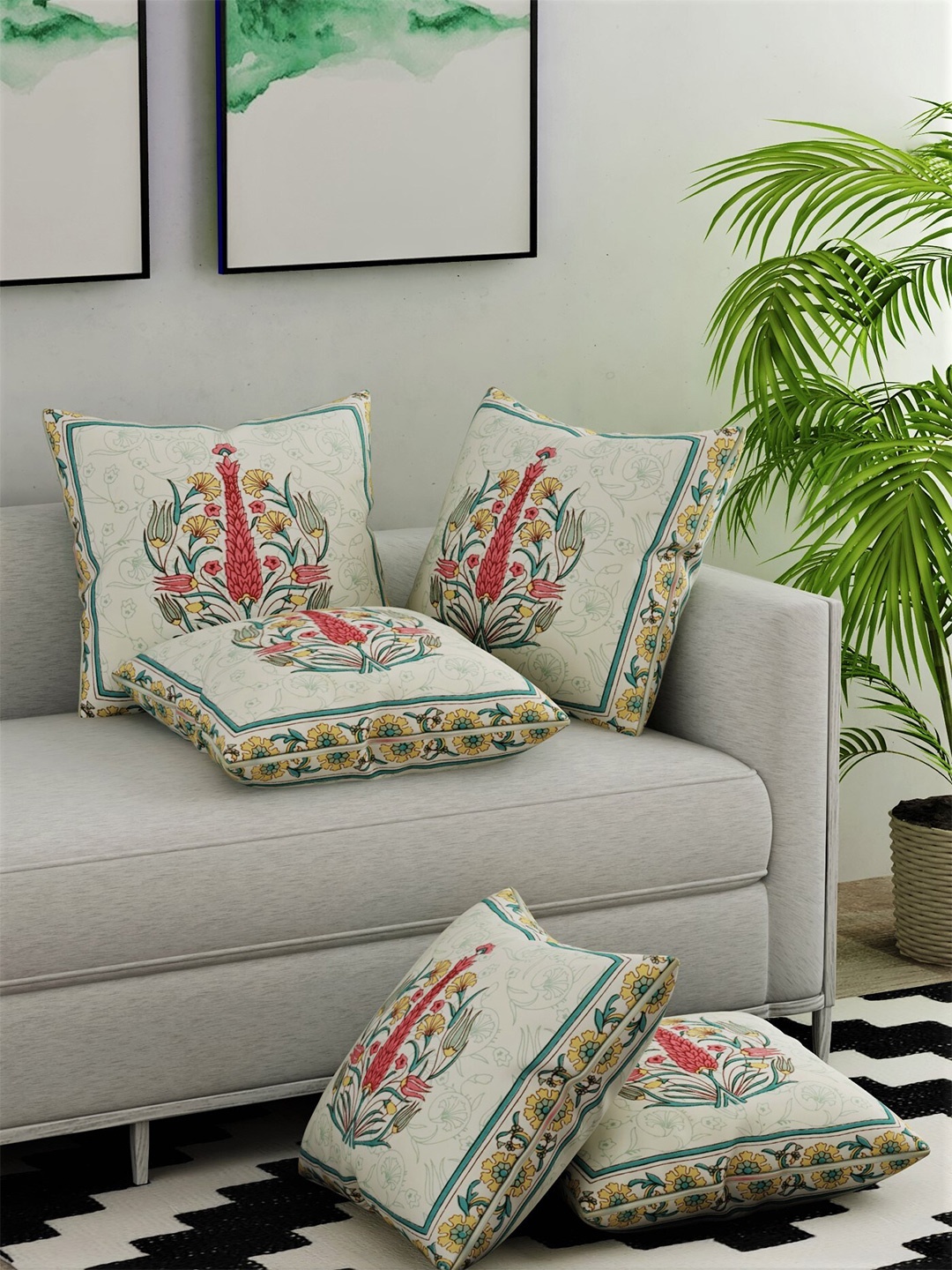 Salona Bichona Cream-Coloured & Pink Set of 5 Floral Square Cushion Covers