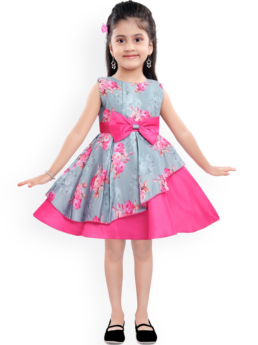 Wish Karo Girls Pink & Grey Floral Printed Round Neck Sleeveless Satin Silk Dress