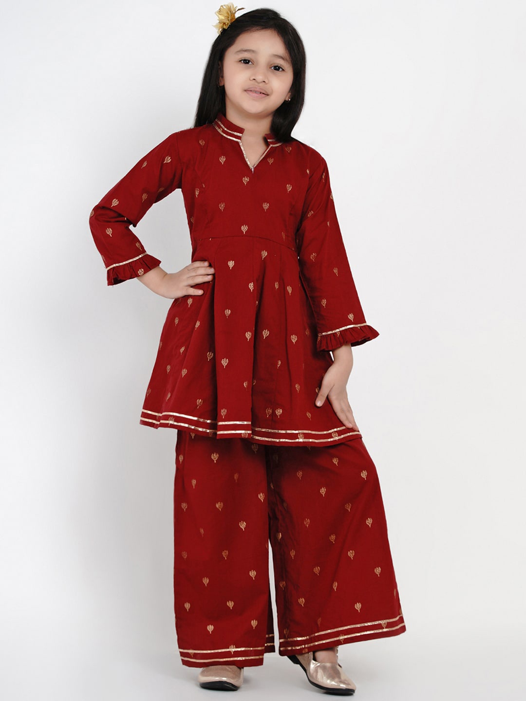 Bitiya by Bhama Girls Maroon Ethnic Motifs Embroidered Kurti with Palazzos