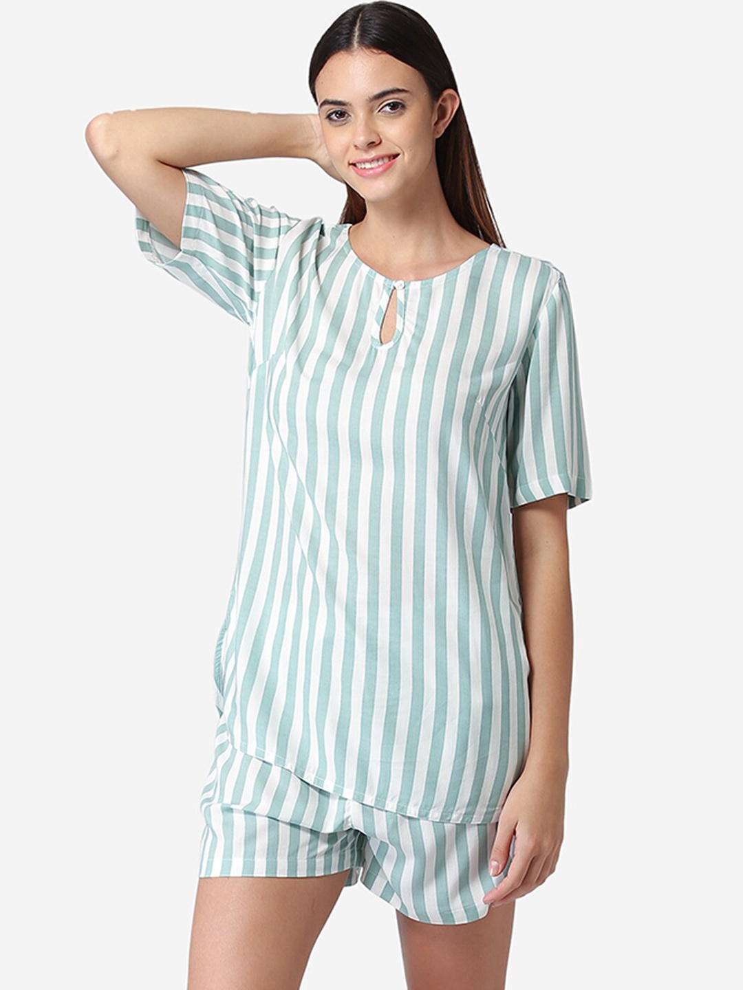 Fluffalump Women Sea Green & White Striped Night suit