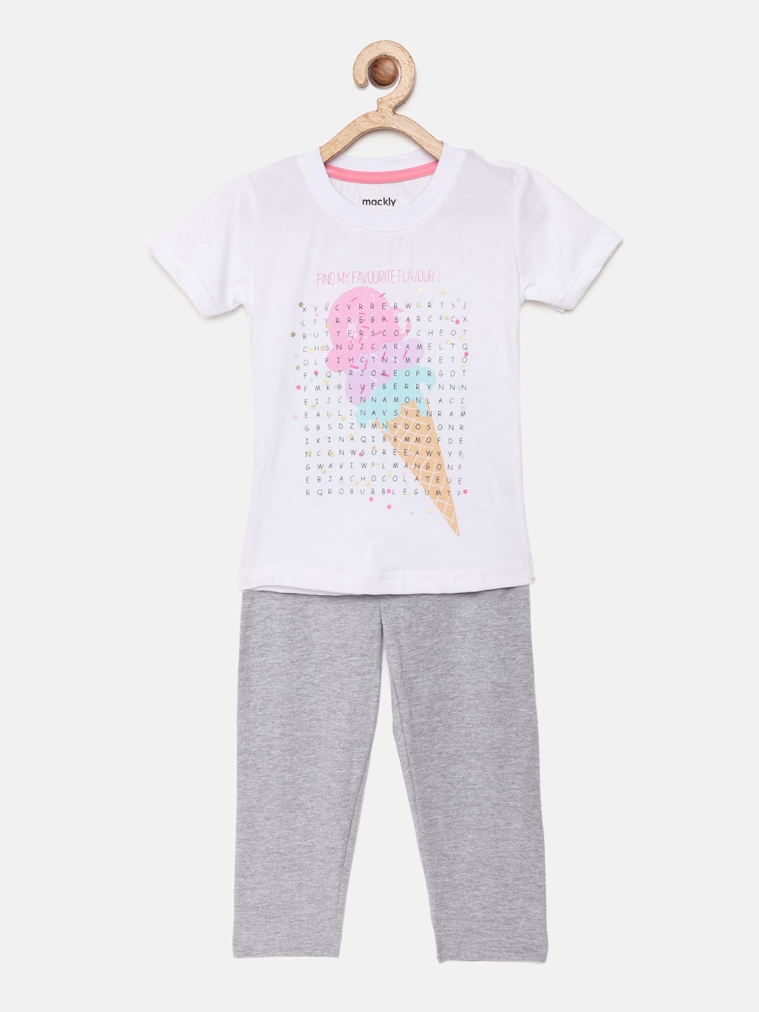mackly Girls White & Grey Printed Night Suit