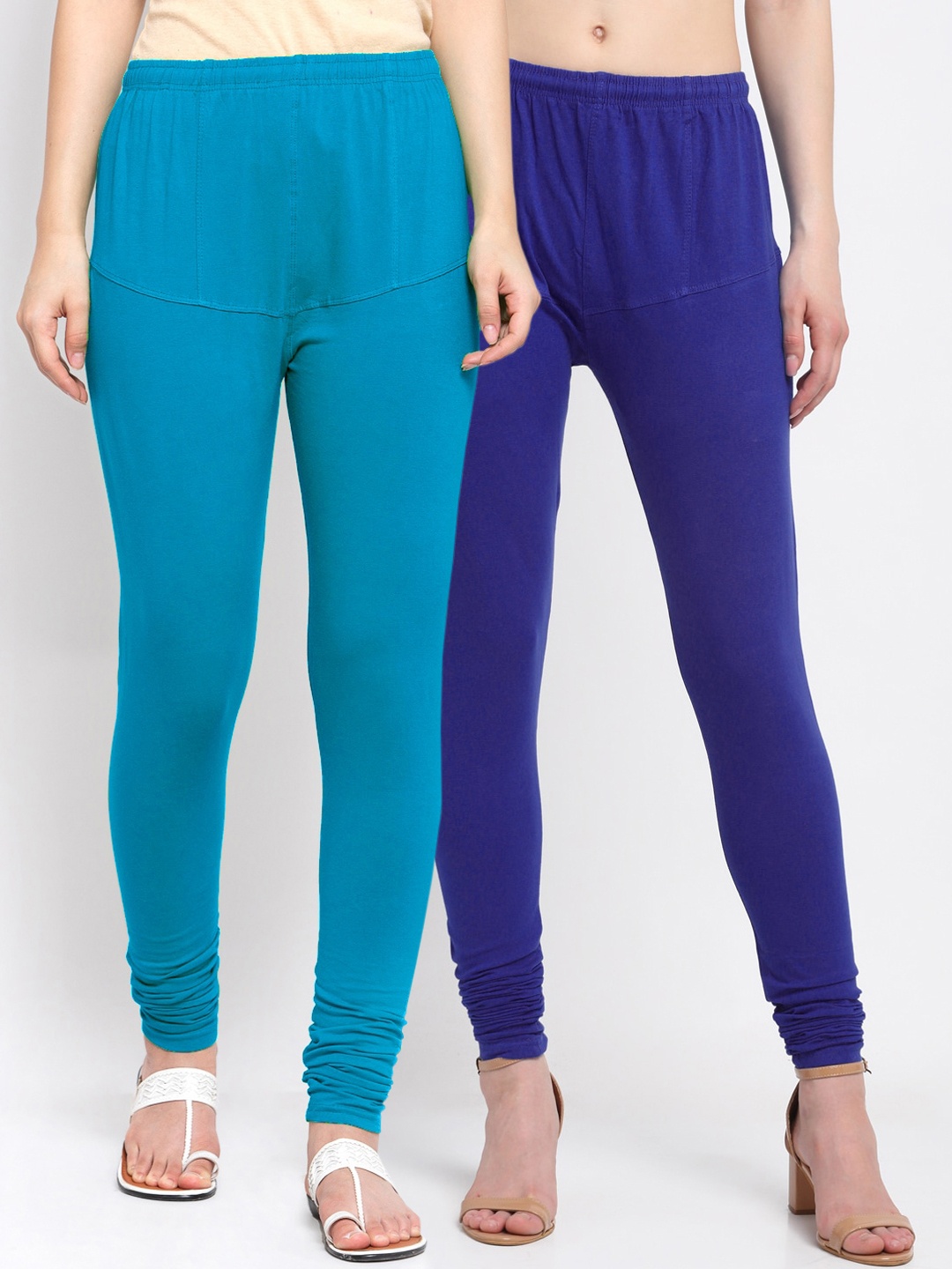 KLOTTHE Women Pack Of 2 Solid Cotton Churidar-Length Leggings, Navy blue