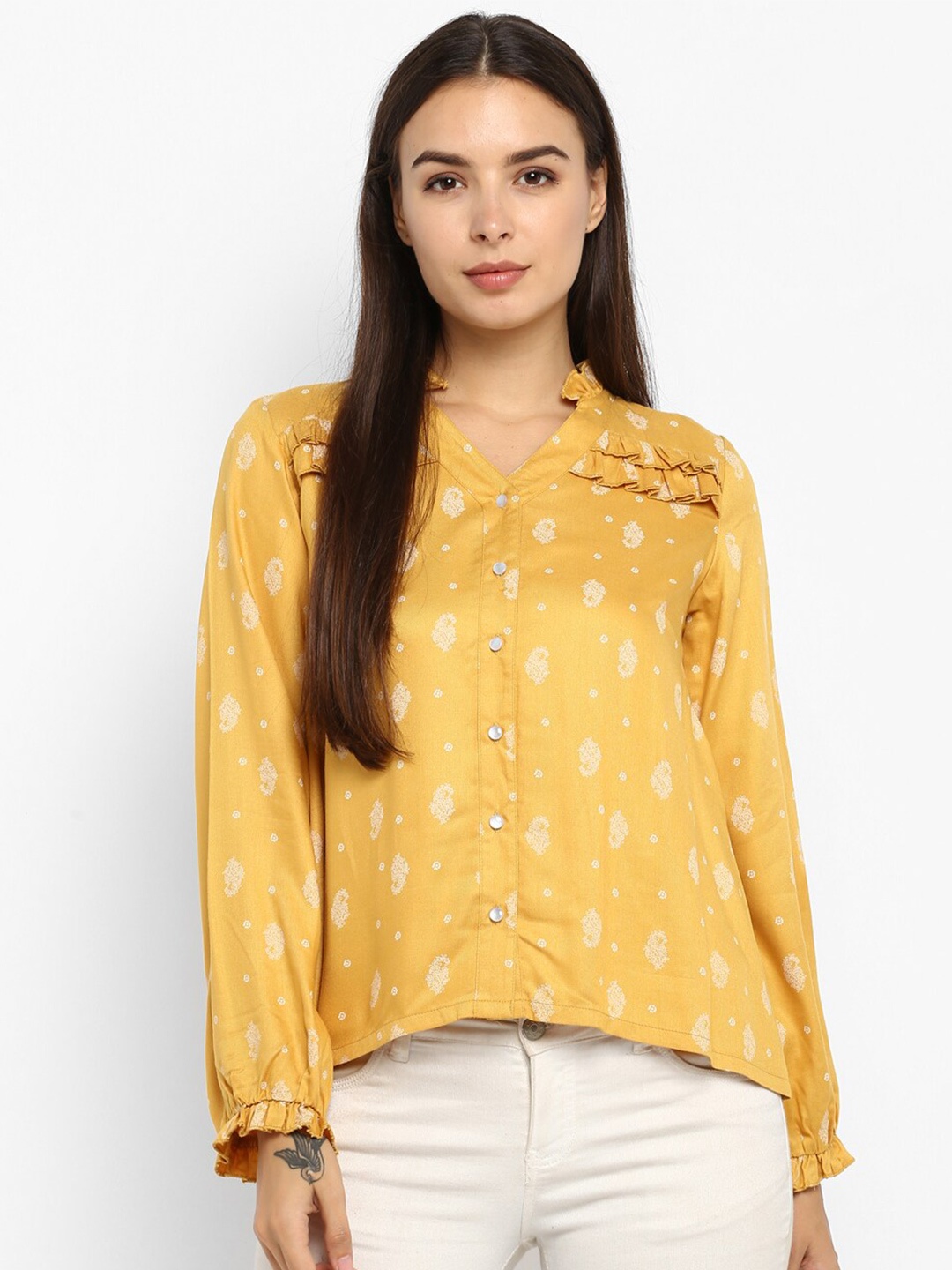DEEBACO Yellow Mandarin Collar Regular Top