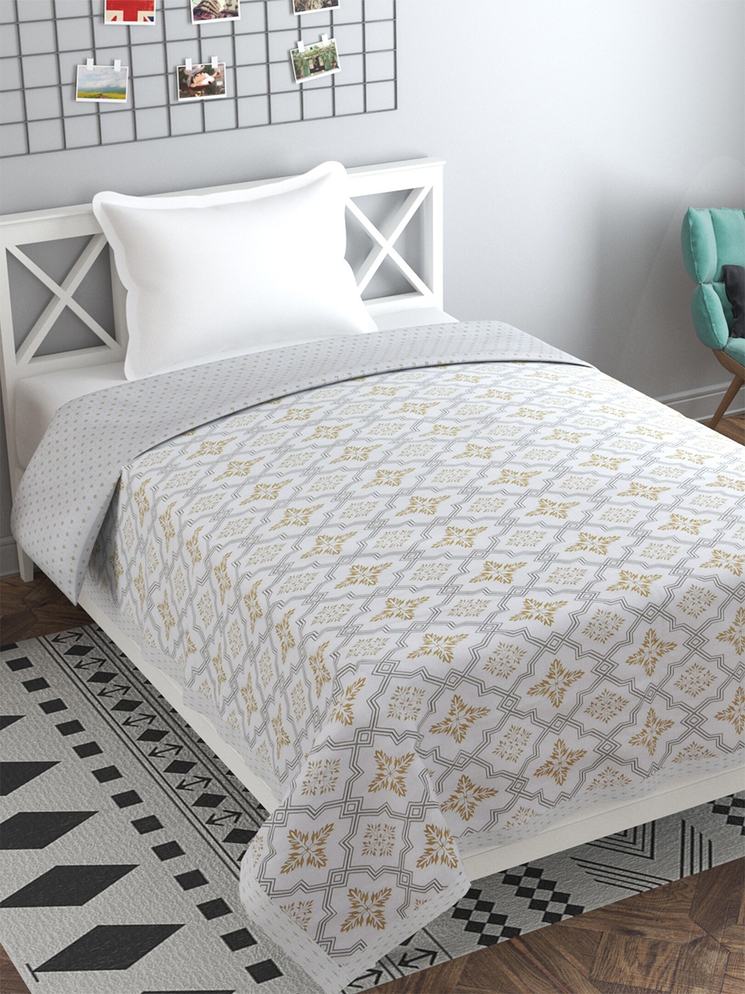 Florida White & Grey Floral AC Room 120 GSM Single Bed Dohar