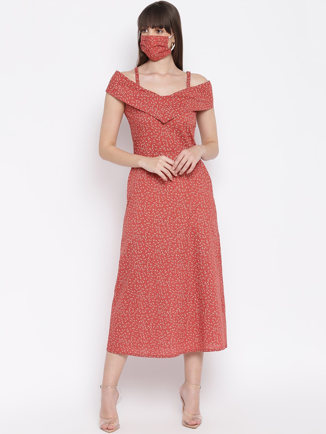 Sandy and Ritz Women Red Ditsy Floral Printed Cotton Maxi Dress