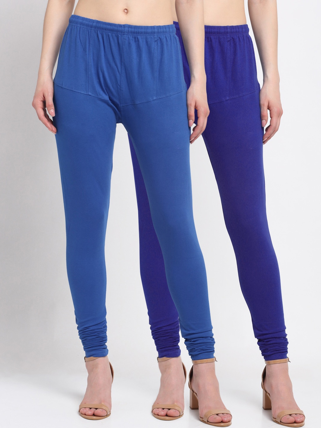 KLOTTHE Women Pack of 2 Solid Cotton Churidar-Length Leggings, Navy blue