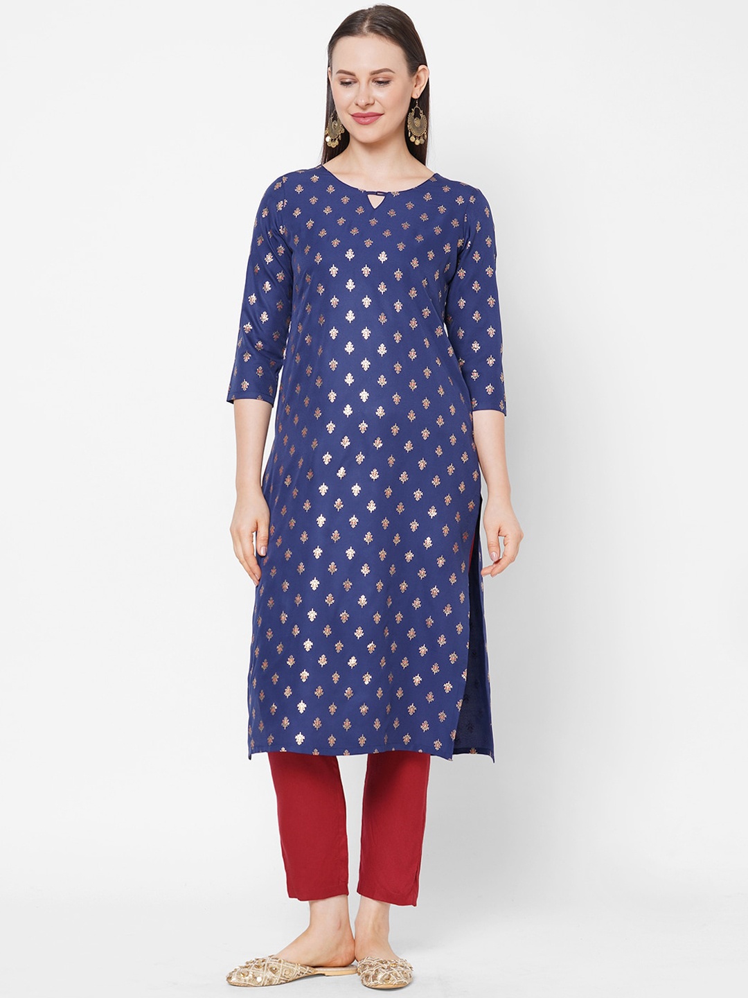 Os Women Navy Blue & Golden Ethnic Motifs Foil Printed Keyhole Neck Indigo Crepe Kurta
Os Women Navy Blue & Golden Ethnic Motifs Foil Printed Keyhole Neck Indigo Crepe Kurta