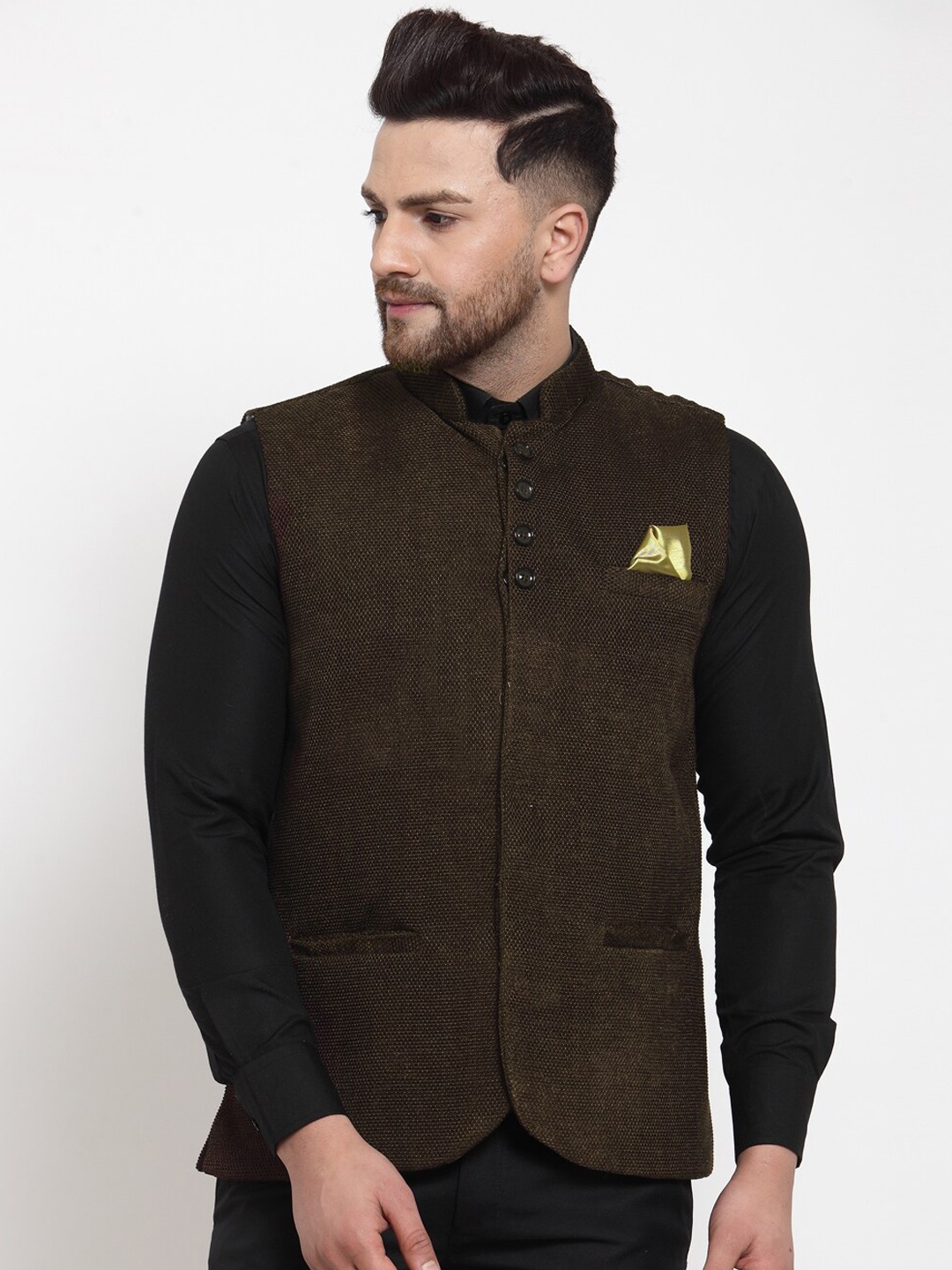 KLOTTHE Men Brown Woven-Design Cotton Nehru Jacket