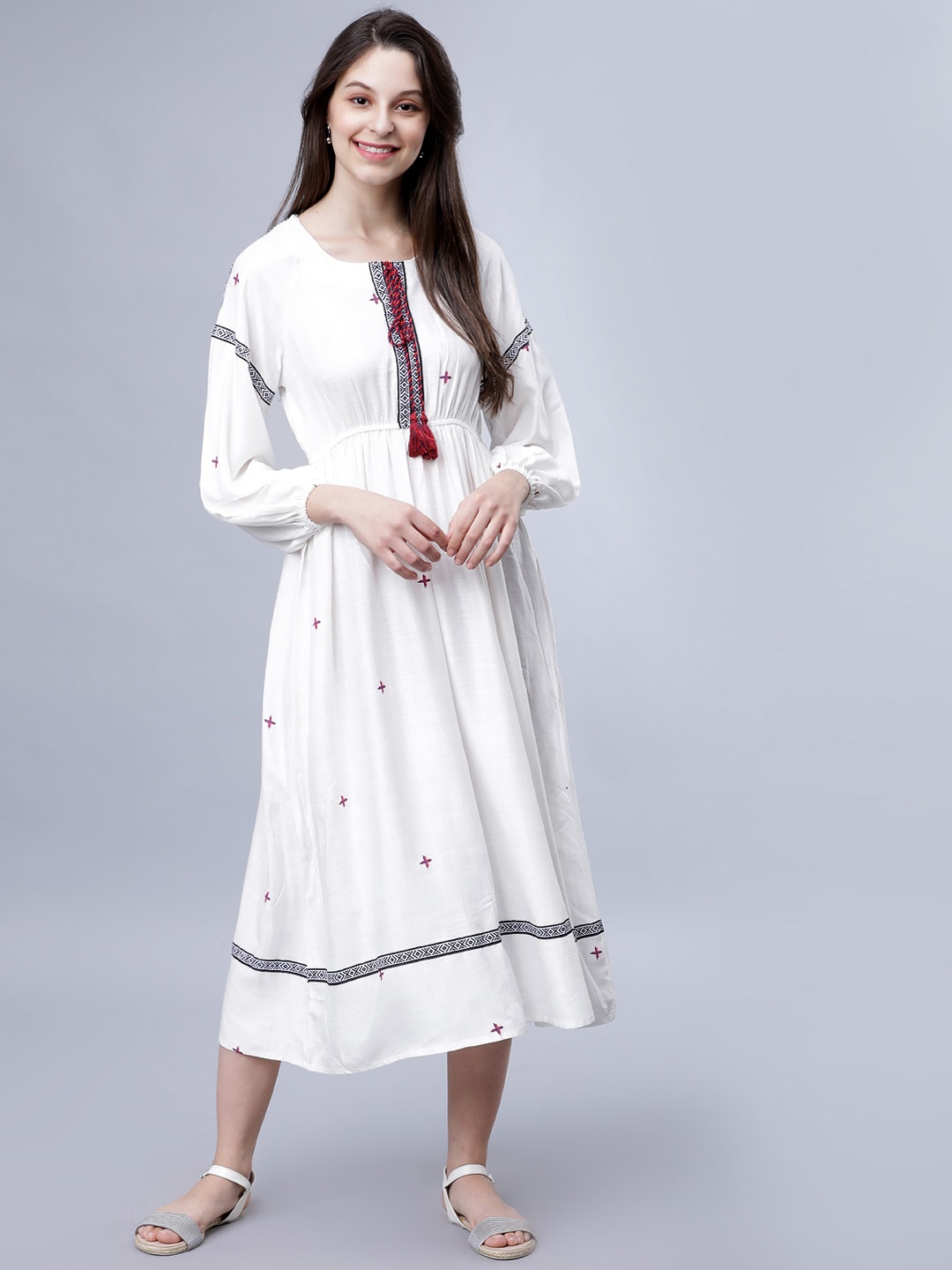 Tokyo Talkies Off White Embroidered Tie-Up Neck Midi Dress