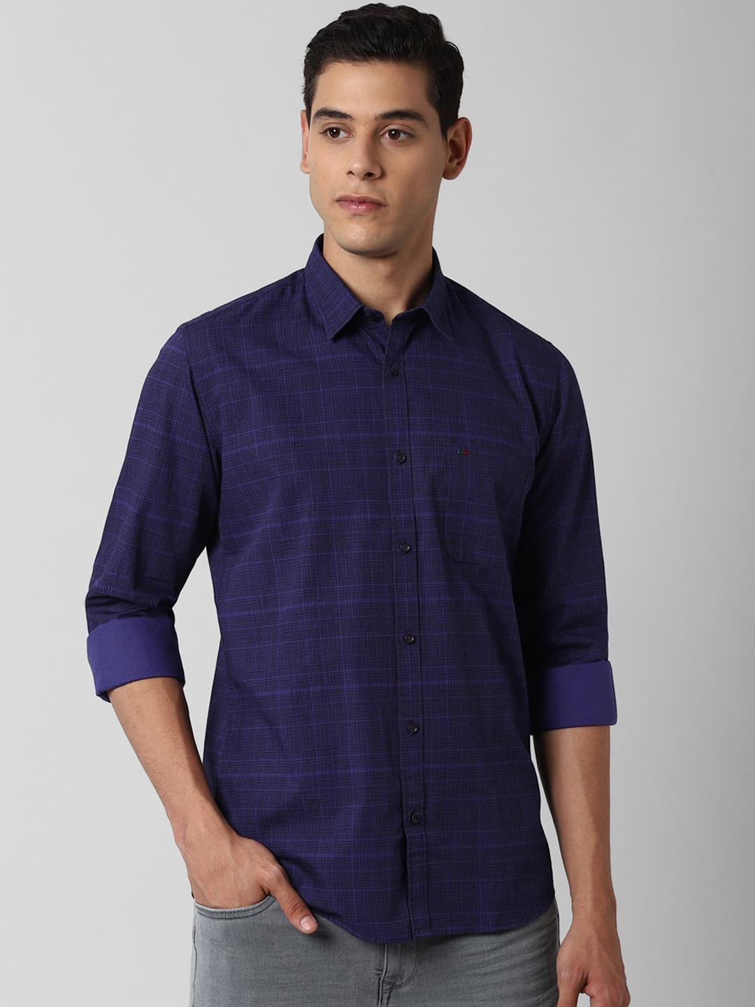 Peter England Casuals Men Purple Slim Fit Checked Cotton Casual Shirt