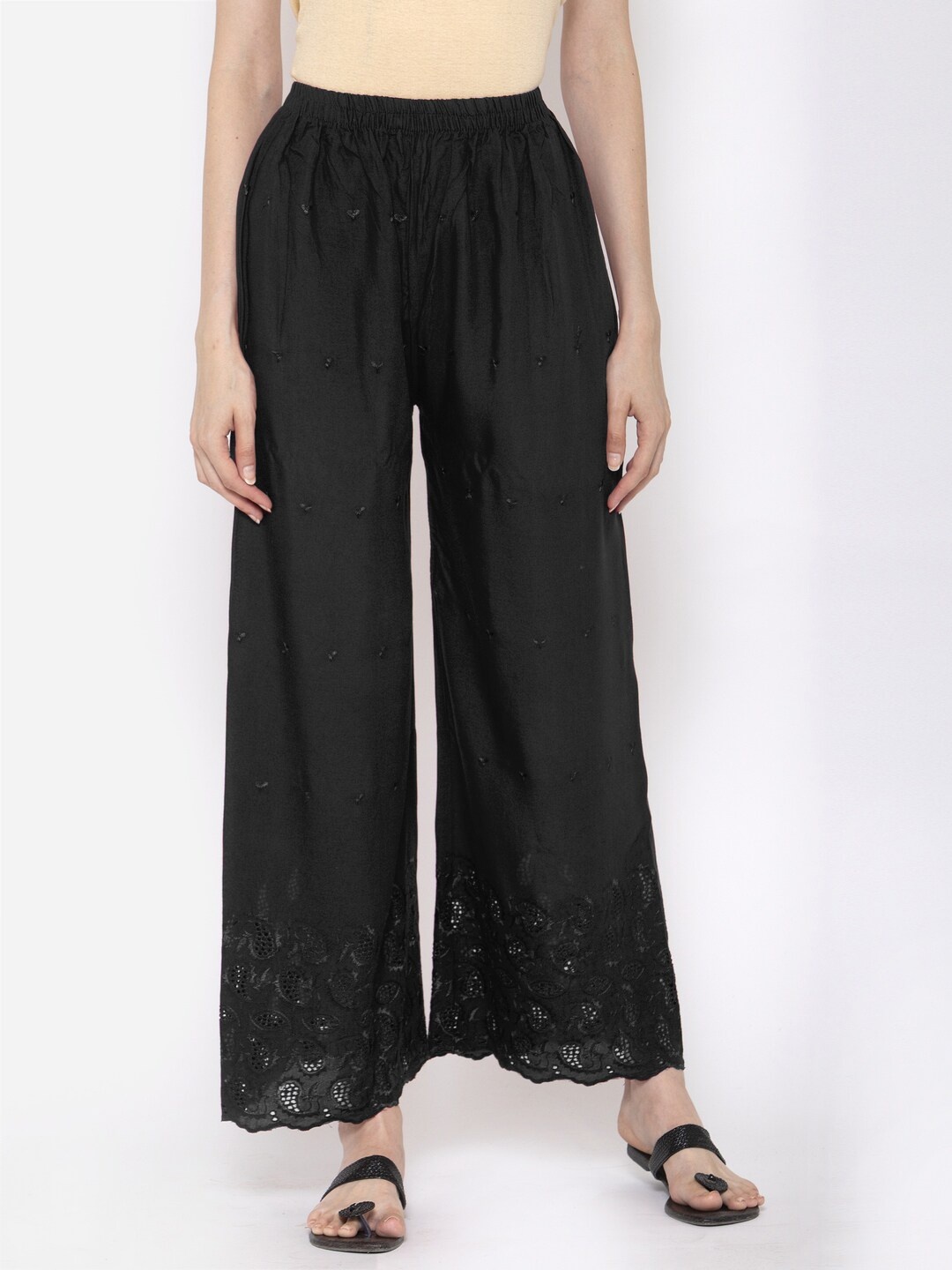 KLOTTHE Women Black Paisley Embroidered Palazzos