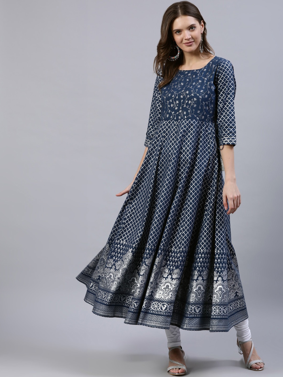 Jaipur Kurti Women Navy Blue Ethnic Motifs Printed Anarkali Kurta