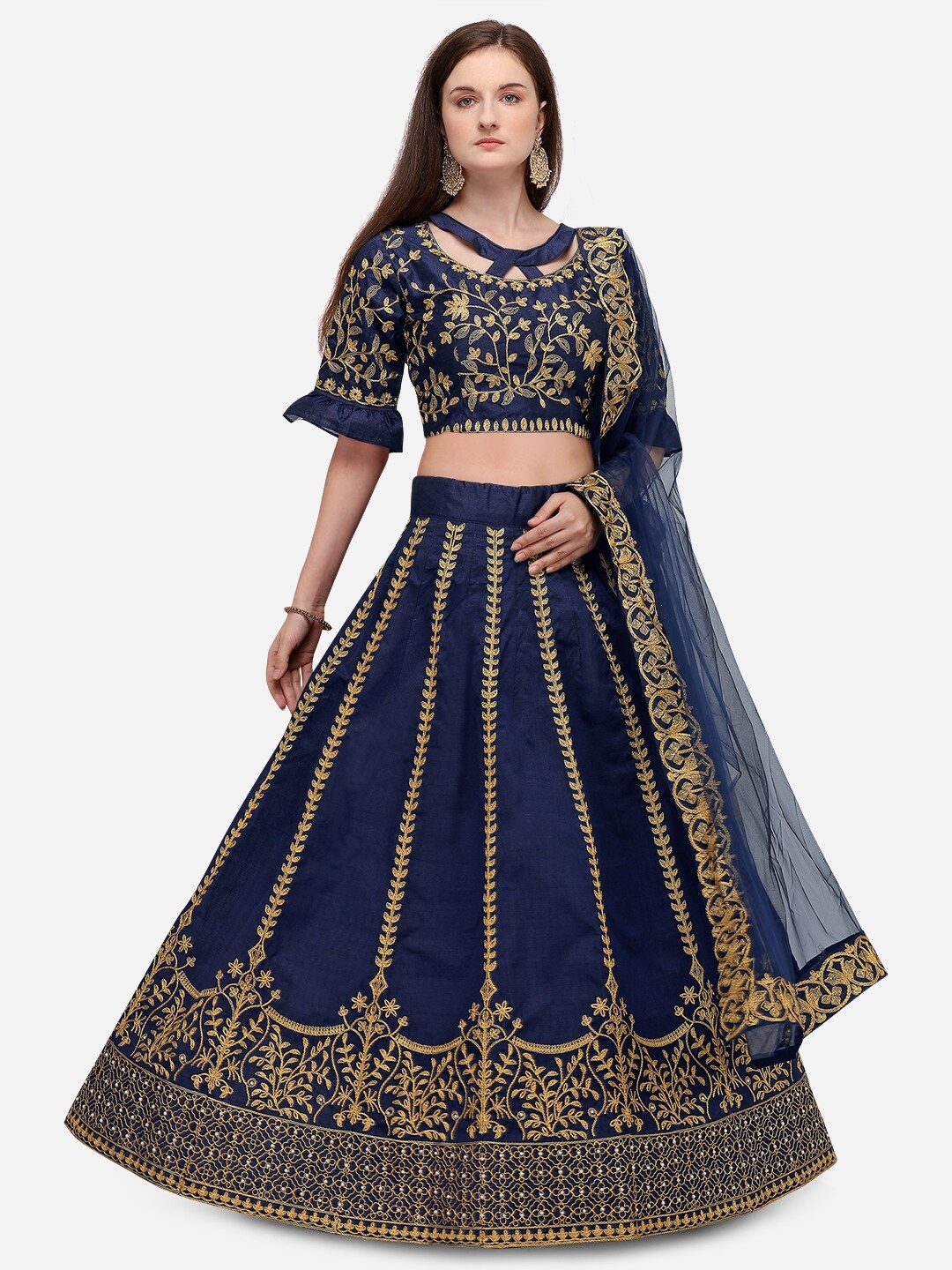 PURVAJA Navy Blue & Gold-Toned Embroidered Semi-Stitched Lehenga & Unstitched Blouse With Dupatta
PURVAJA Navy Blue & Gold-Toned Embroidered Semi-Stitched Lehenga & Unstitched Blouse With Dupatta