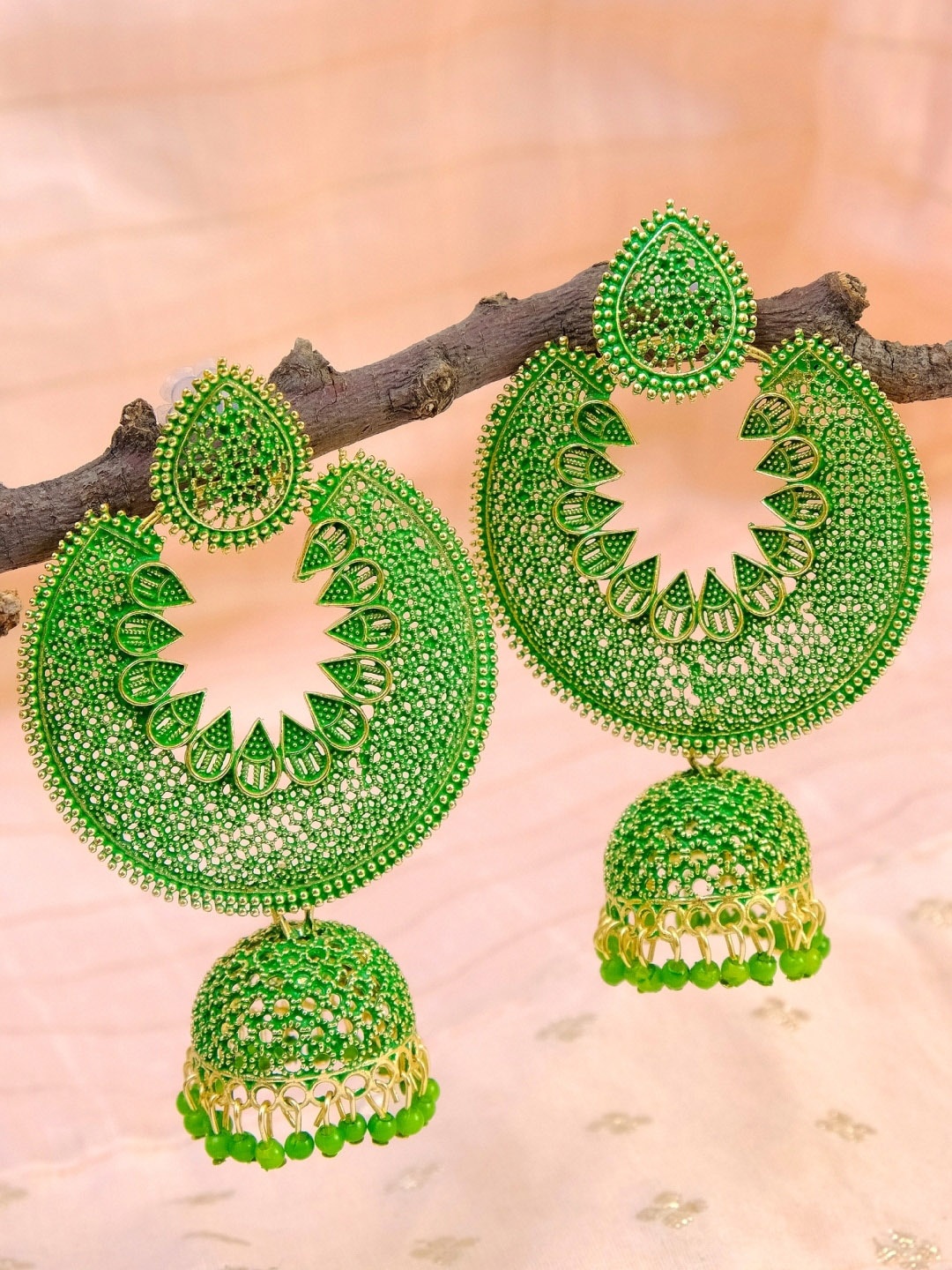 Crunchy Fashion Gold-Toned & Green Jalidar Style Contemporary Chandabali Jhumkas Earrings
Crunchy Fashion Gold-Toned & Green Jalidar Style Contemporary Chandabali Jhumkas Earrings