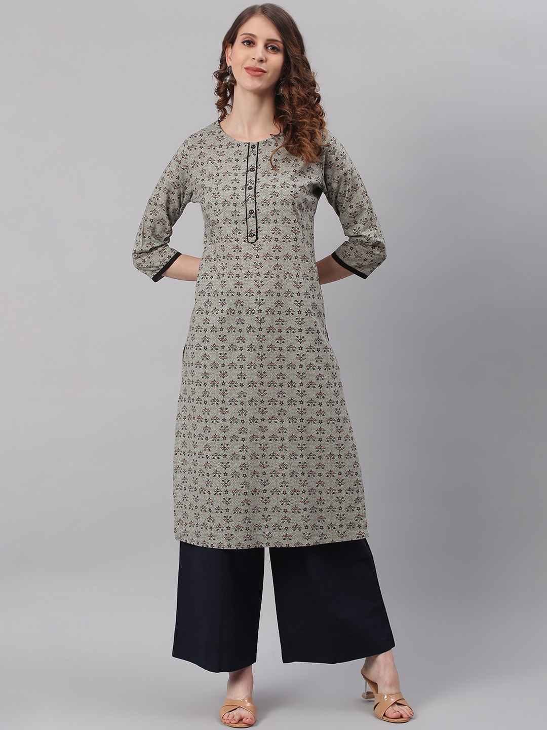 Janasya Women Grey Ethnic Motifs Printed Cotton Kurta