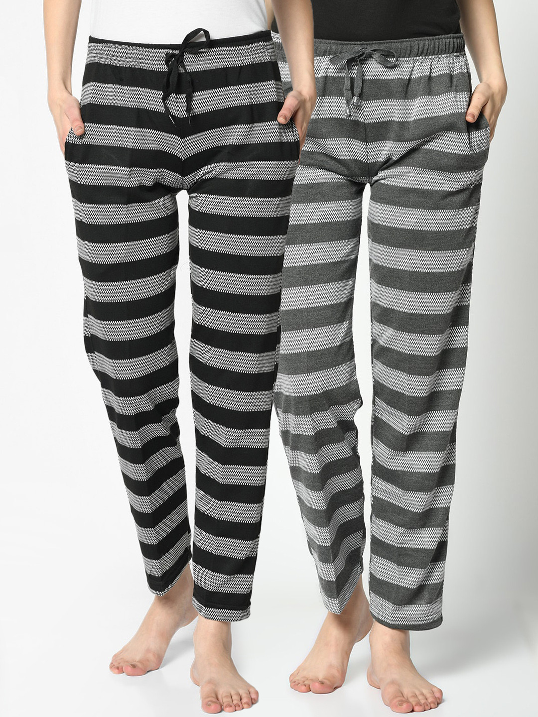 VIMAL JONNEY Women Pack Of 2 Striped Lounge Pants, Black 
VIMAL JONNEY Women Pack Of 2 Striped Lounge Pants, Black