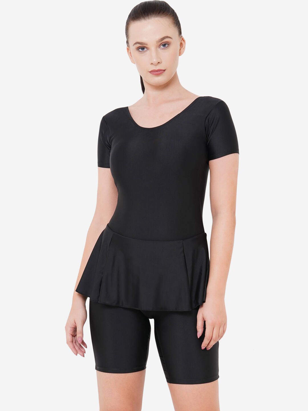 VELOZ Women Black Solid Swimming Dress With Attached Tights