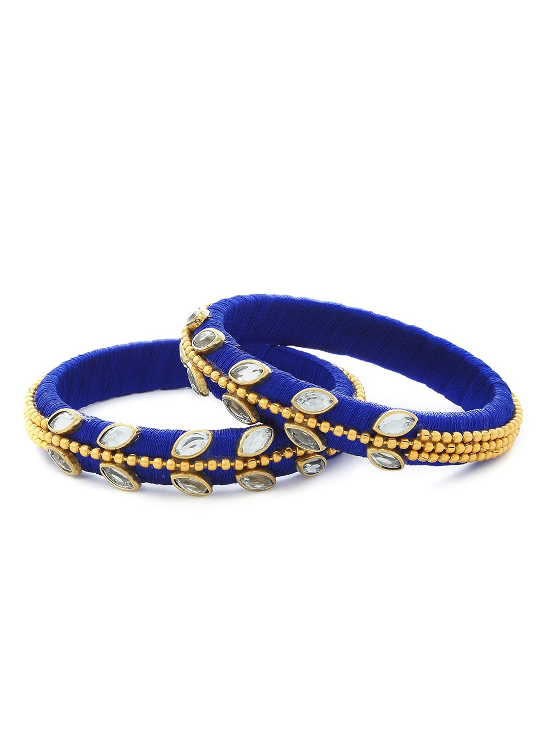 AKSHARA Set of 2 Blue & Gold-Toned Stone-Studded Handcrafted Silk Thread Bangles