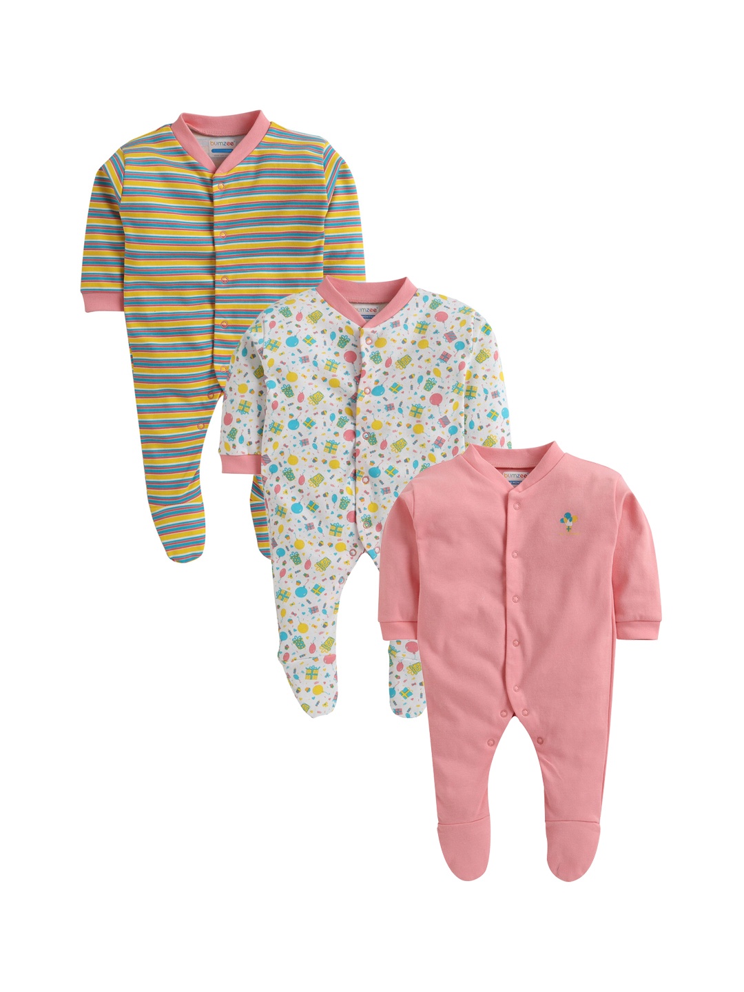 BUMZEE Infants Girls Pack Of 3 Printed Cotton Sleep Suit, Peach